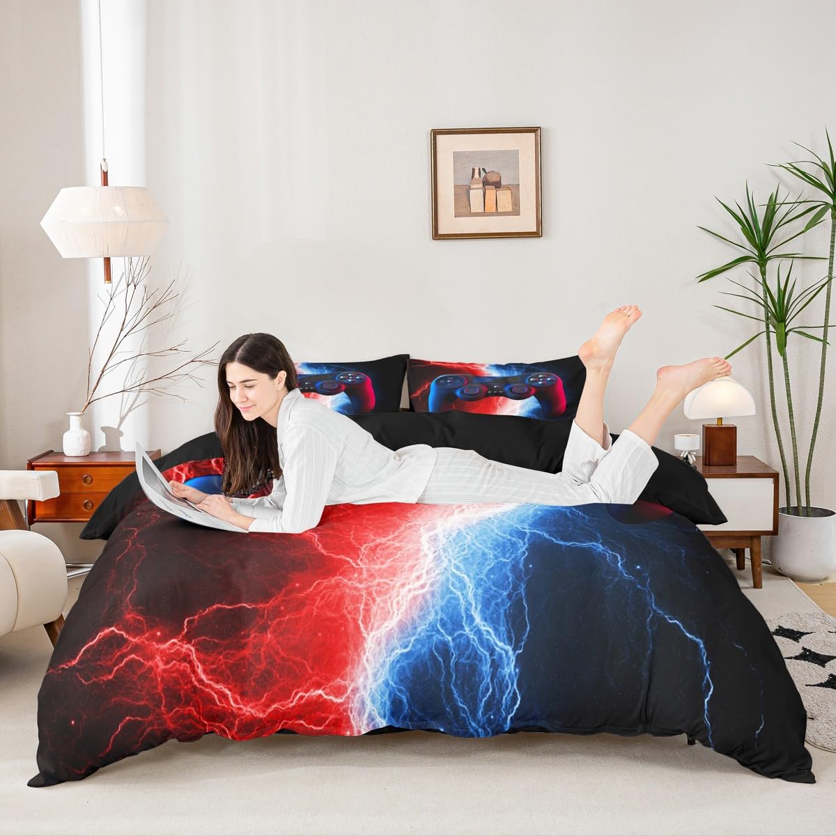 Juego de ropa de cama para niños, juego de cama para juegos de vídeo, juego de ropa de cama para chicos, hombres y adolescentes, funda nórdica de color rojo y azul, con funda de almohada, 155 x 220 cm