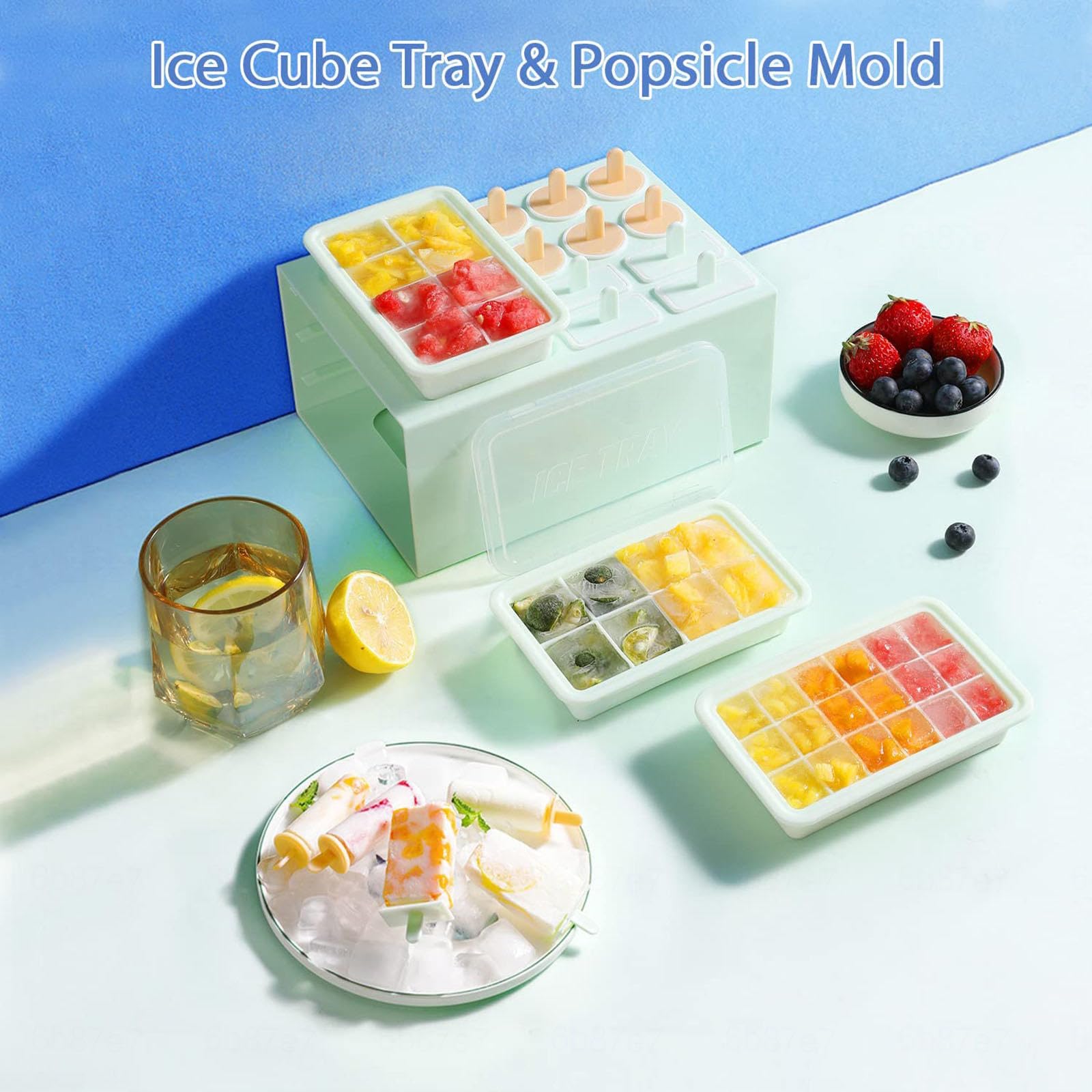 VIDECOR Bandeja Cubitos Hielo Paquete 3 Moldes Paletas Juego 10 Piezas, Bandejas Cubitos Hielo Silicona Liberación Fácil Congelador Tapa Cubierta, Moldes Paletas Gratis Palitos