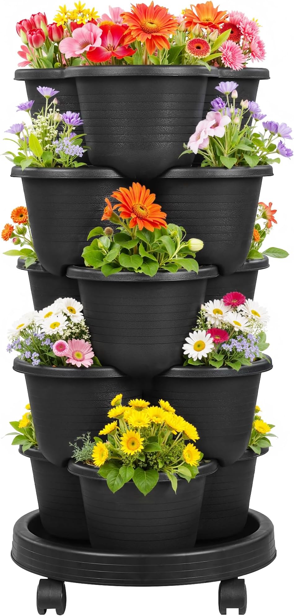 VECELO 5 Tier Vertical Garden Planter, Self Watering Stackable Planters with Wheels for Strawberries, Herbs, Flowers, Vegetables, Black