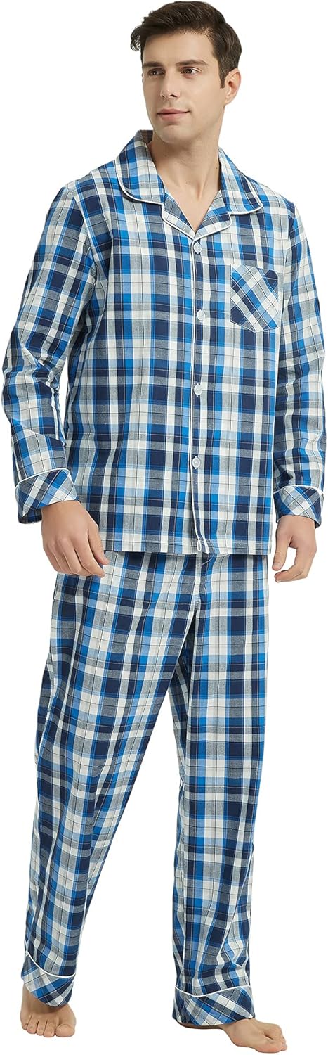 Vulcanodon Mens Cotton Pajama Set, Button Down Woven Pajama Set for Men Plaid Men's Sleepwear: Clothing