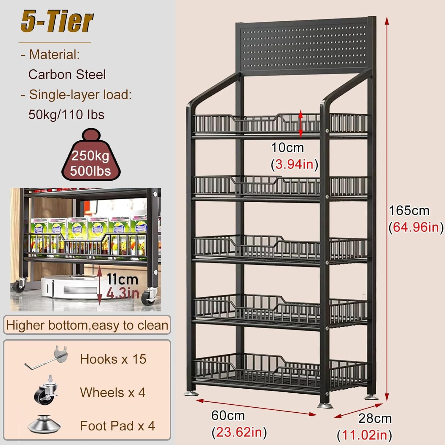 Metal Fruit Vegetable Rack Stand Kitch, Mobile Supermarket Snack Storage Shelf, Snack Stand for Retail Store/Party/Kitchen/Bedroom, Rolling Carts with Wheels(White,5 Layer 165x28x60cm)