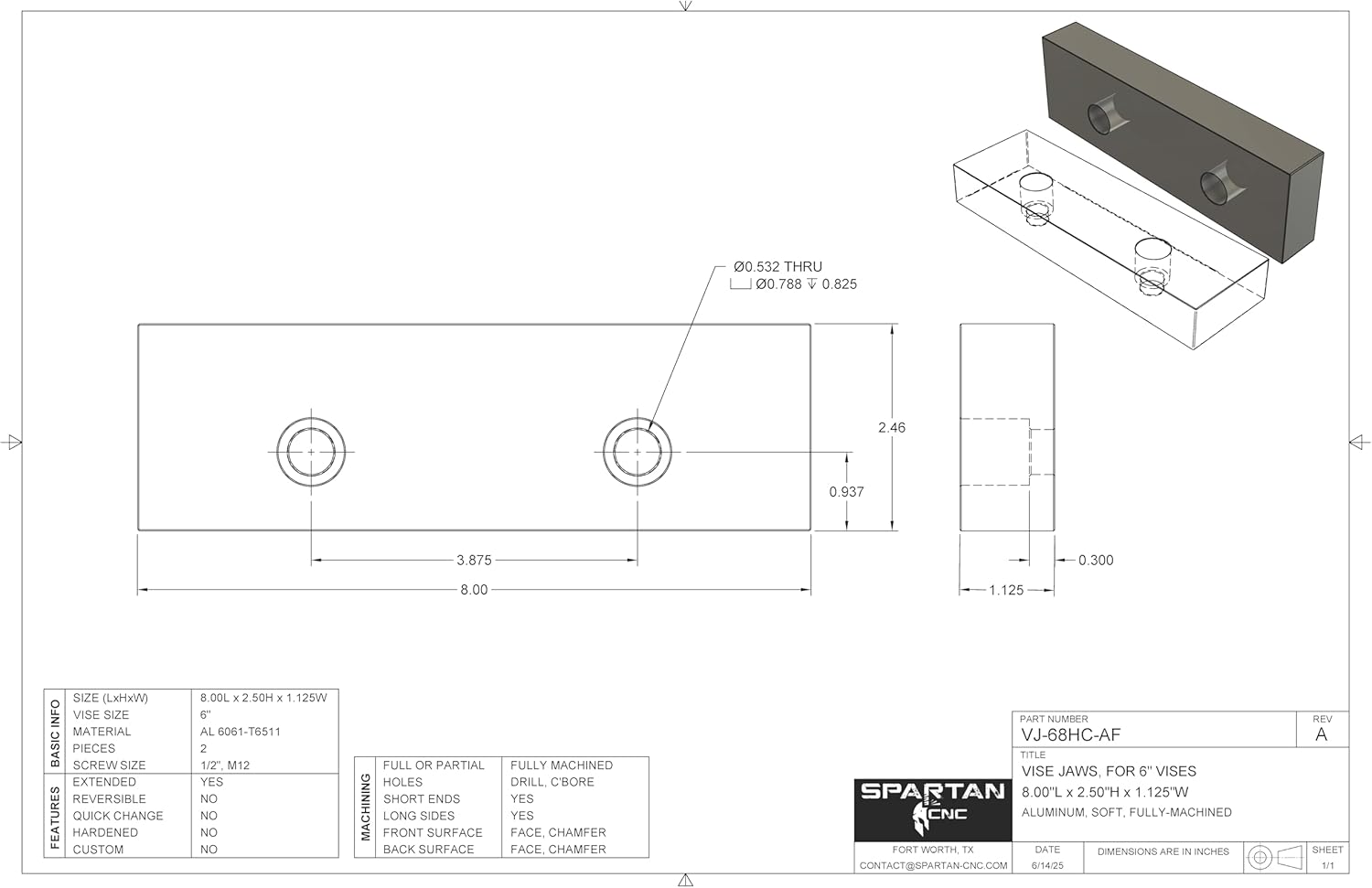 Vise Jaws, 8" x 2.5" x 1.125", Aluminum, Fits 6" Kurt-style vises, 1 Pair