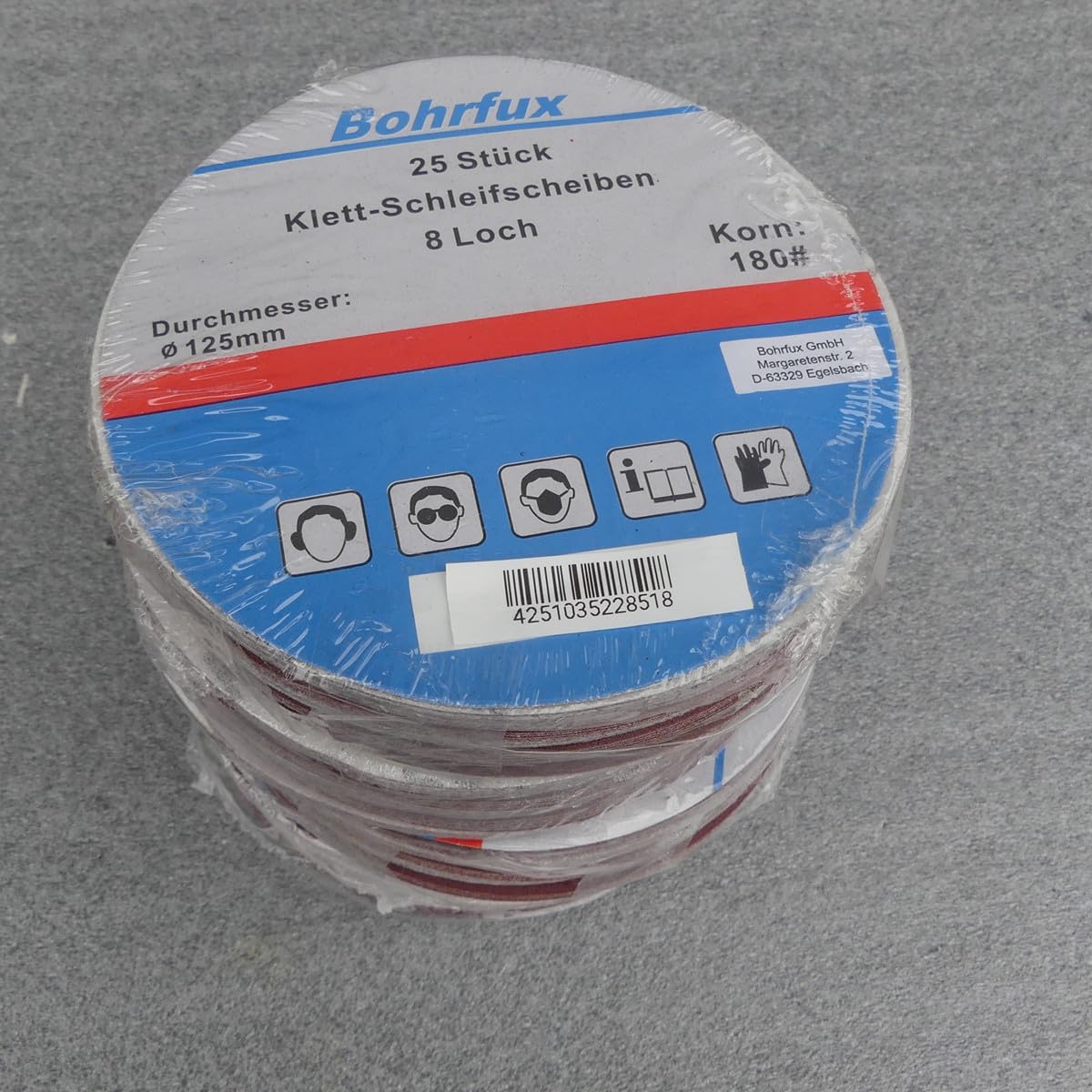 100 discos abrasivos de 125 mm de diámetro, con 8 agujeros, grano P180, lijadora excéntrica de cuello largo, lijadora orbital de Bohrfux.