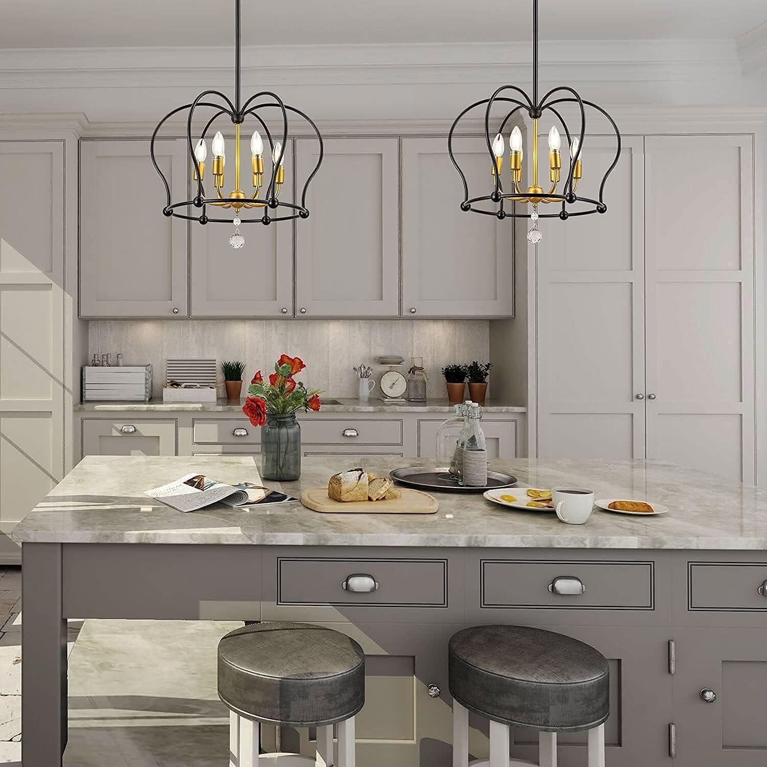 Suреr Dеаl Prоduсt Black and Gold Candle Chandelier, Trongee 6-Light Pendant Light Fixtures with Hanging Crystal for Dining Room, Modern Chandelier for Kitchen，Bedroom, Foyer