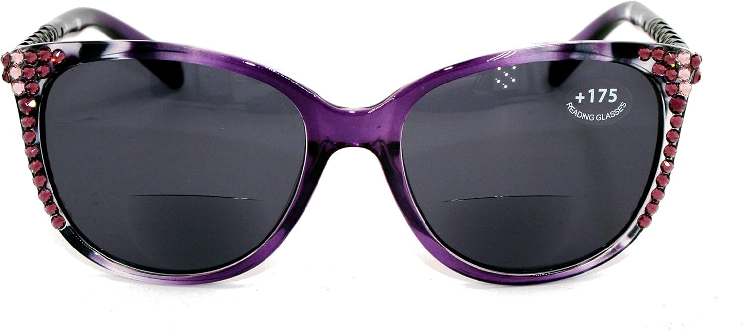 Santa Monica, Bifocal Sunglasses, Sun Readers Women Bling with Amethyst and Light Amethyst Genuine European Crystals Purple + Black Tortoise. NY Fifth Avenue.