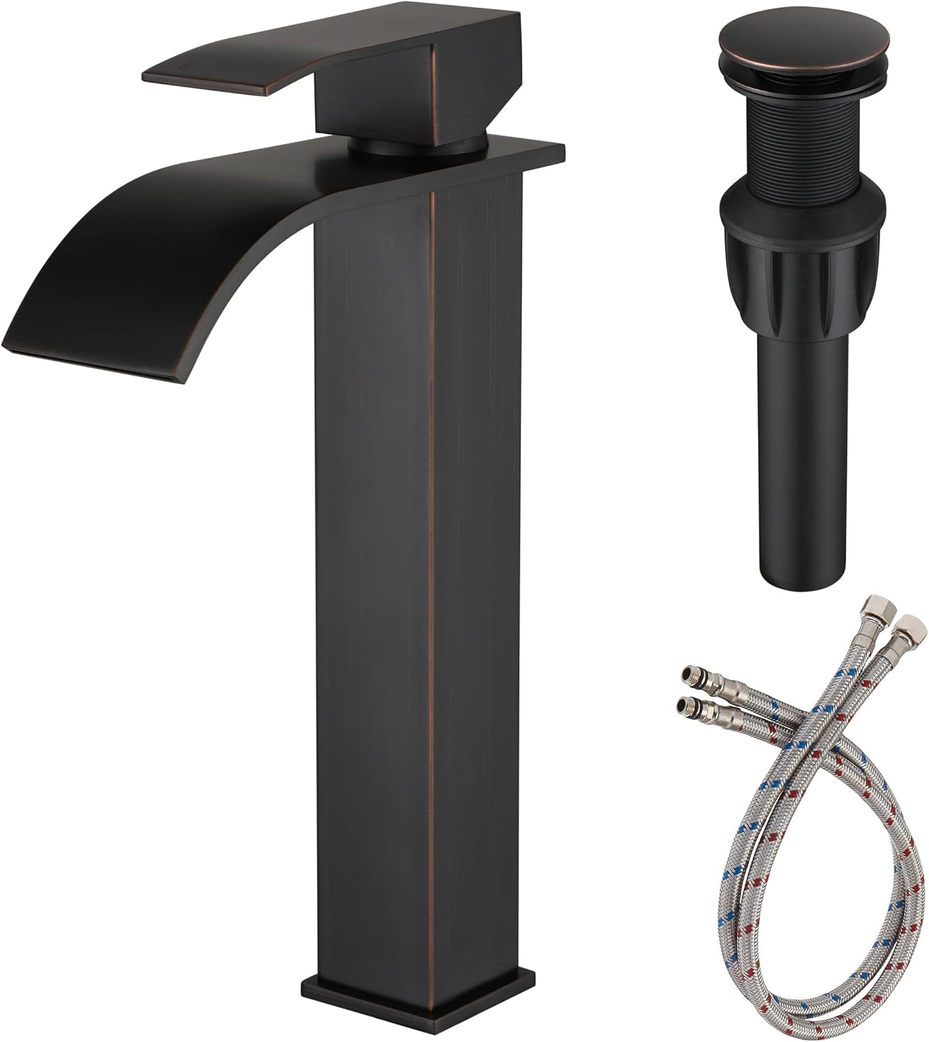 Oil Rubbed Bronze Bathroom Vessel Sink Faucet, JXMMP Single Hole Waterfall Bathroom Faucet with Supply Hose and Pop Up Drain Assembly, Tall Waterfall Faucet for Bathroom Sink, JXM1221ORB