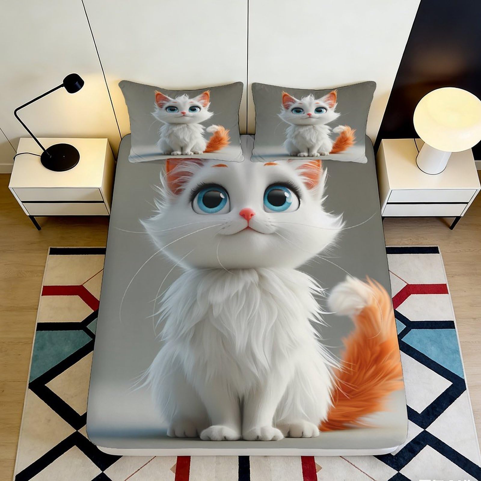 Dhbaneiok Style-3 3D Printed White Fluffy Cat Fitted Sheet Microfiber Soft Cute Orange Tail Kitten Bed Cover For Bedroom Dorm Mattress Decor 90X200x25cm