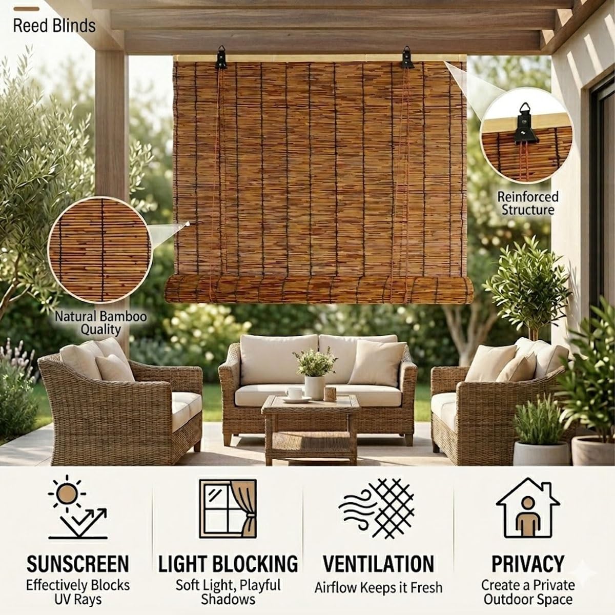 Bambusrollo 160 cm 70 cm 166 cm 90 cm 75 cm 100 cm breit Bambus Rollo Outdoor Balkon Sonnenschutz Sichtschutz ohne Bohren(braune,85W x 240H cm)