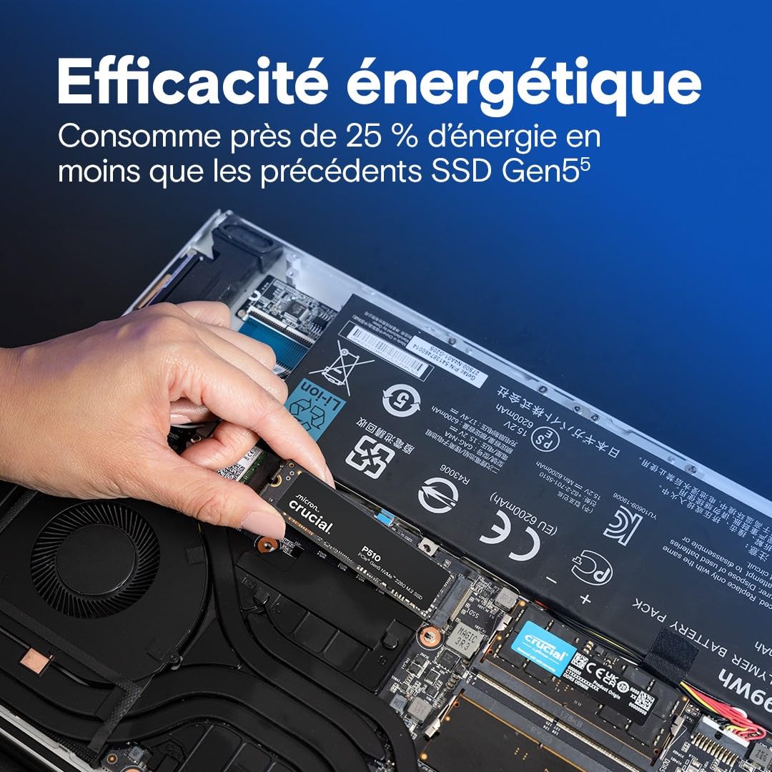 Crucial P510 SSD 1To PCIe 5.0 x4 NVMe M.2, Lecture 11.000 Mo/s, Écriture 9.500 Mo/s, TLC NAND, Disque Dur Interne