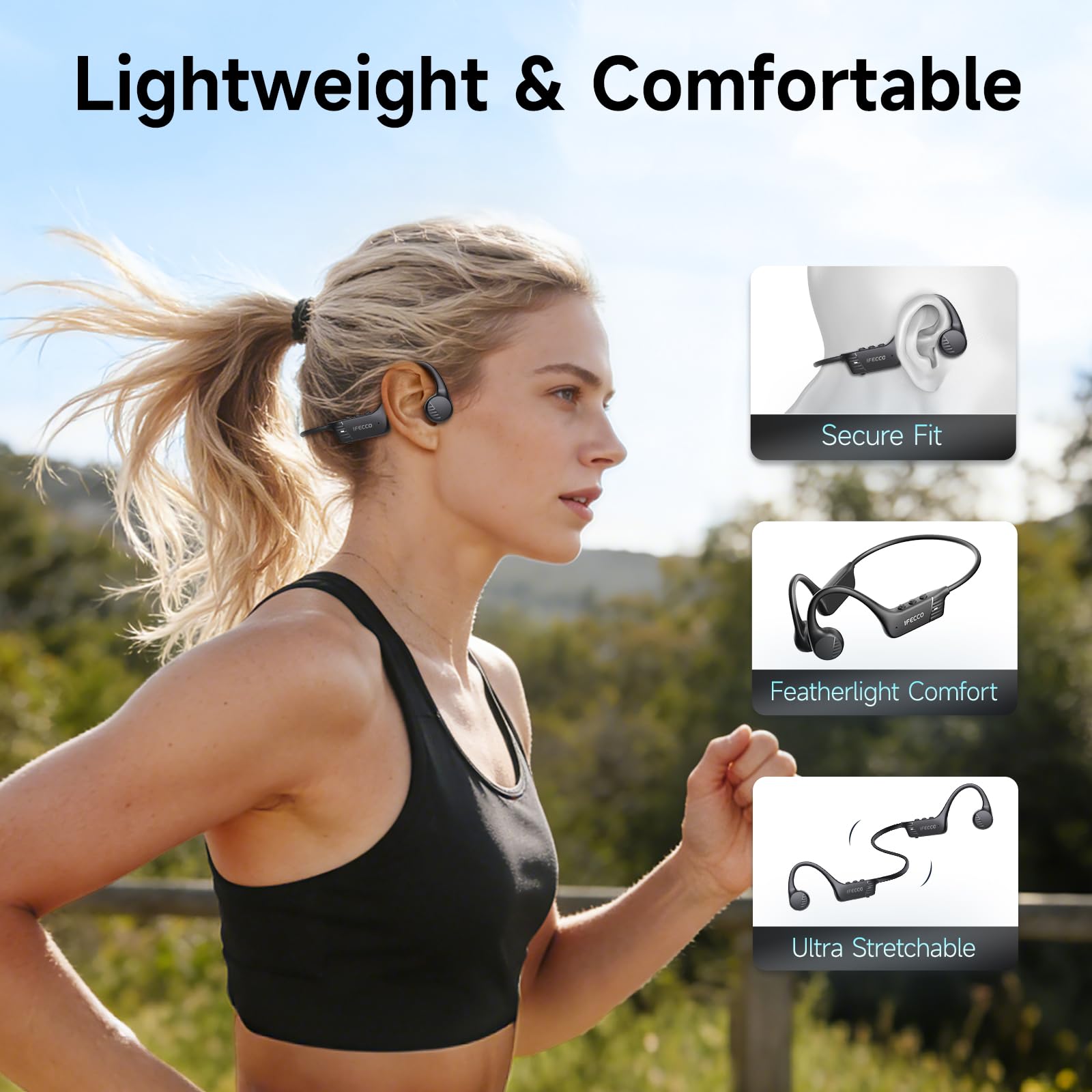 IFECCO Casque Conduction Osseuse Bluetooth 6.0 – IP67 Écouteurs Conduction Osseuse avec Micro, Casque de Sport sans Fil à Oreille Oouverte pour Le Cyclisme, la Course à Pied, la Randonnée