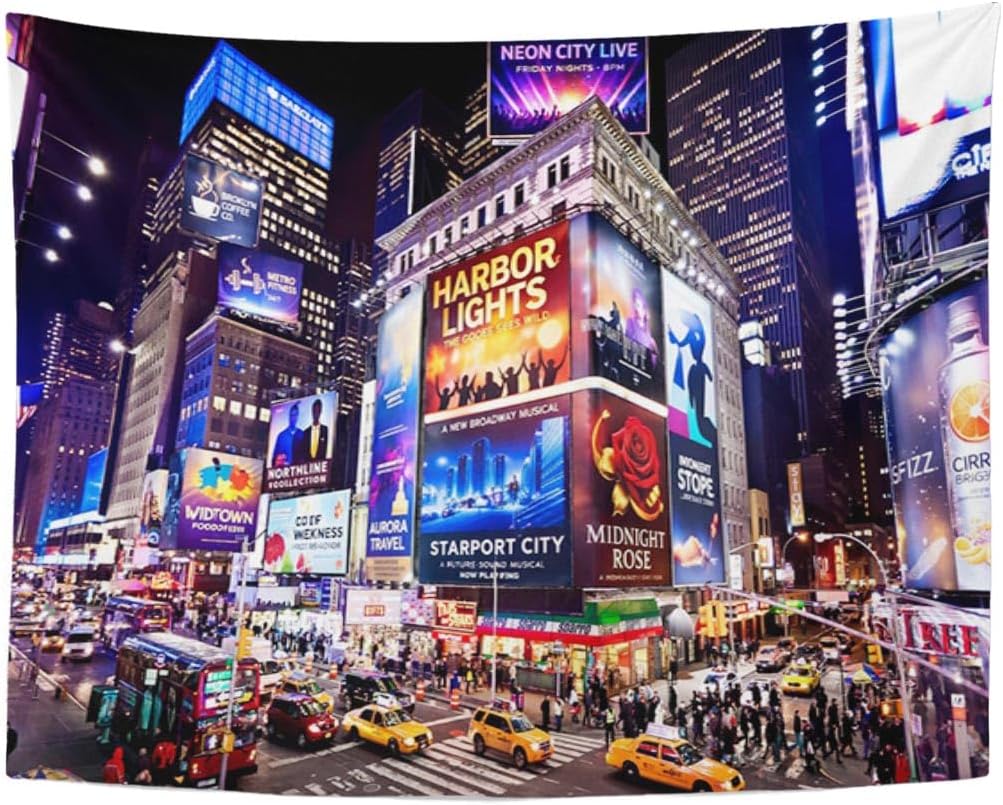 Emvency Tapestry City January Illuminated Facades of Theaters 2011 in Times Square Night Musical Sign Posters Theatre Home Decor Wall Hanging for Living Room Bedroom Dorm 60x50 Inches