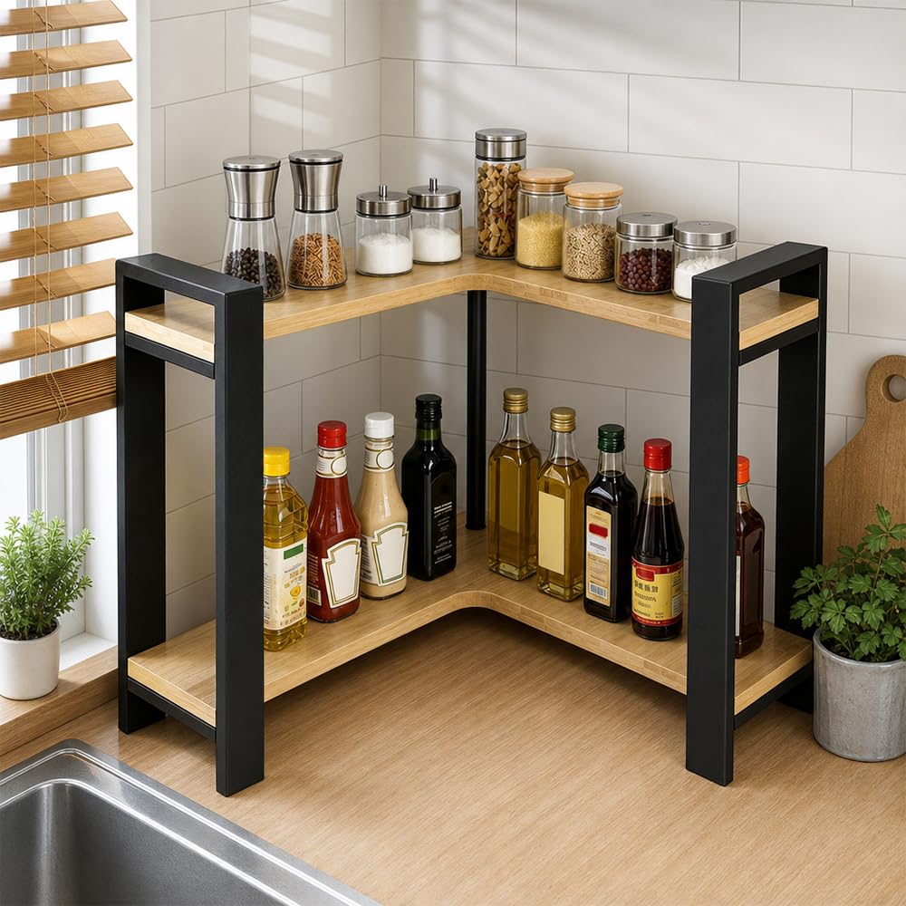 Estantería esquinera de cocina, encimera de 2 niveles, en forma de L, organizador para especias y utensilios de cocina, ahorra espacio y estable, 30 x 33 x 30 cm