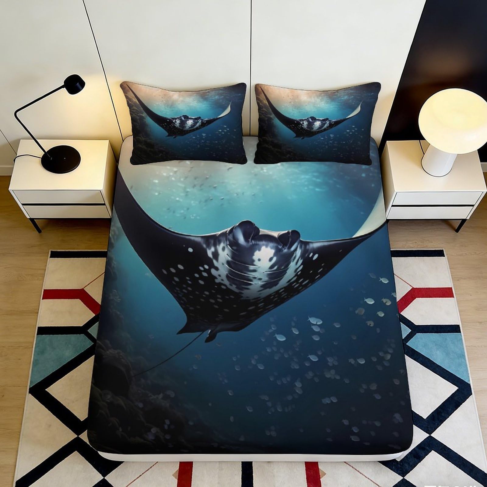 3D Printed Ocean Manta Ray Fitted Sheet Microfiber Soft Breathable Deep Sea Mattress Cover for Bedroom Dorm Decor 90x200x25cm