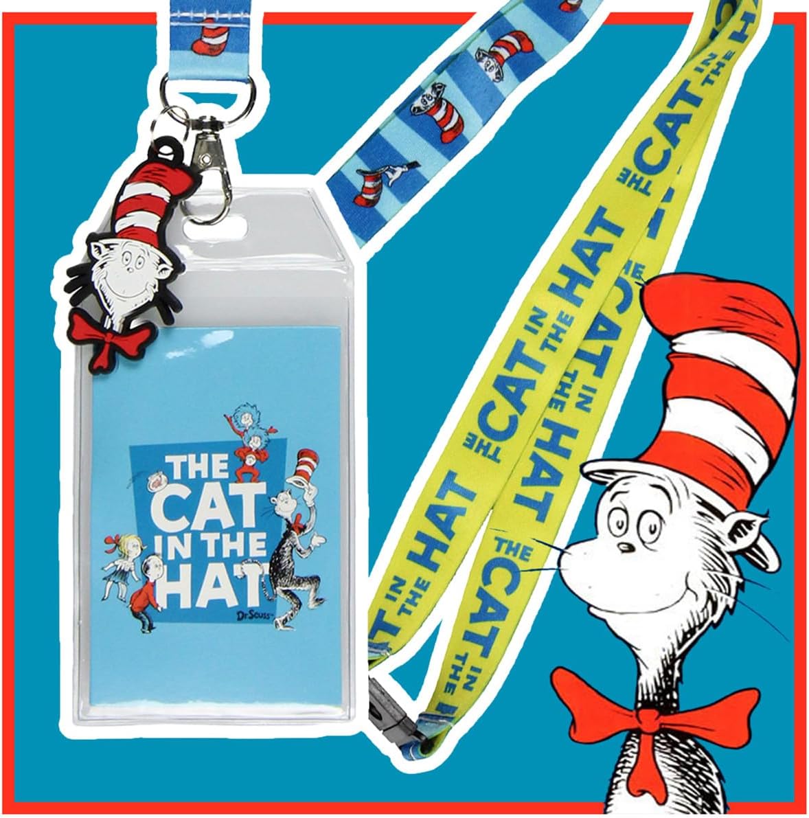 Dr. Seuss Cat in The Hat Breakaway ID Badge Holder Lanyard w/ 2" Rubber Pendant (Pack of 2)