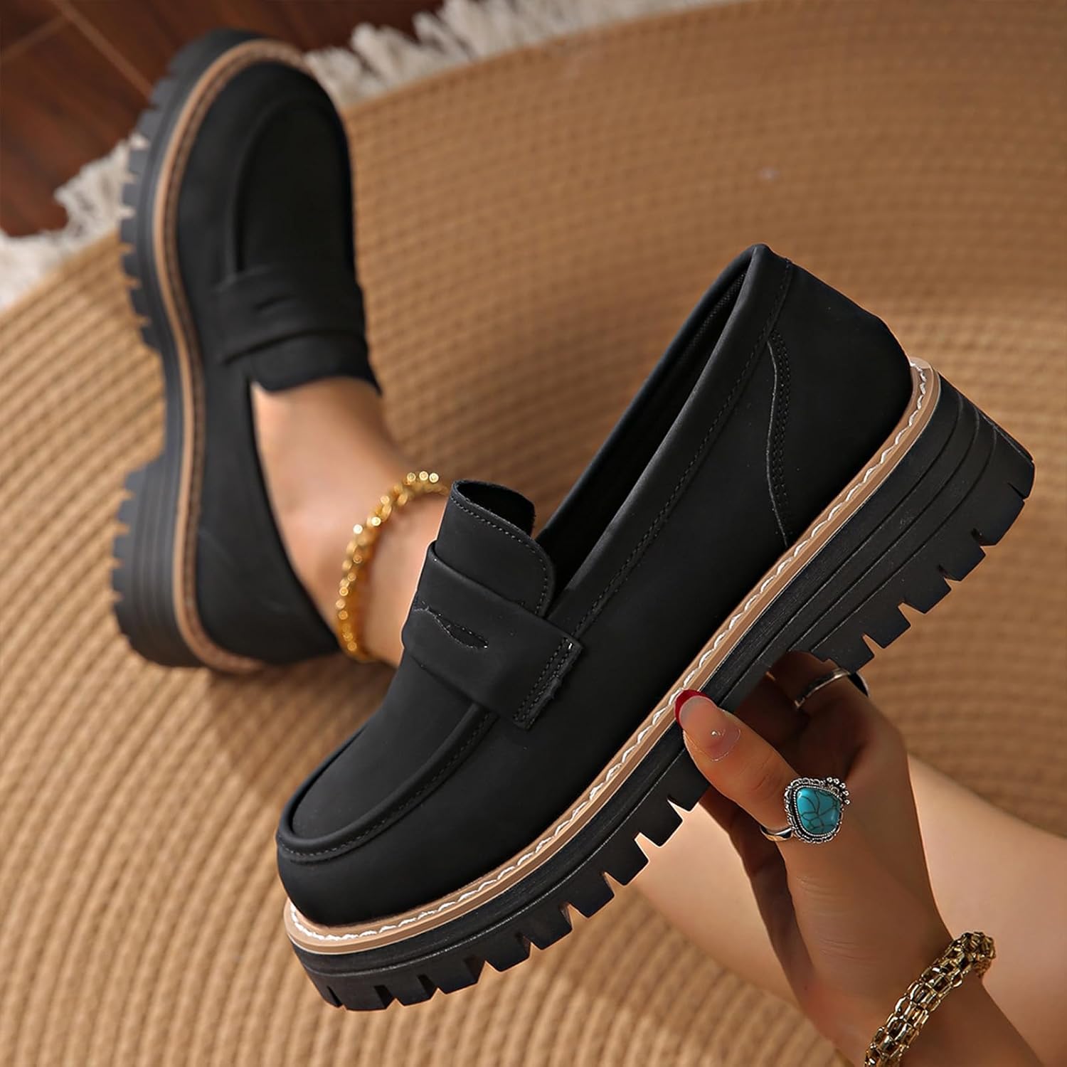 Women's Chunky Heel Penny Loafers Comfortable Platform Lug Sole Slip-On Suede Dress Shoes for Office & Daily Wear - Image 2