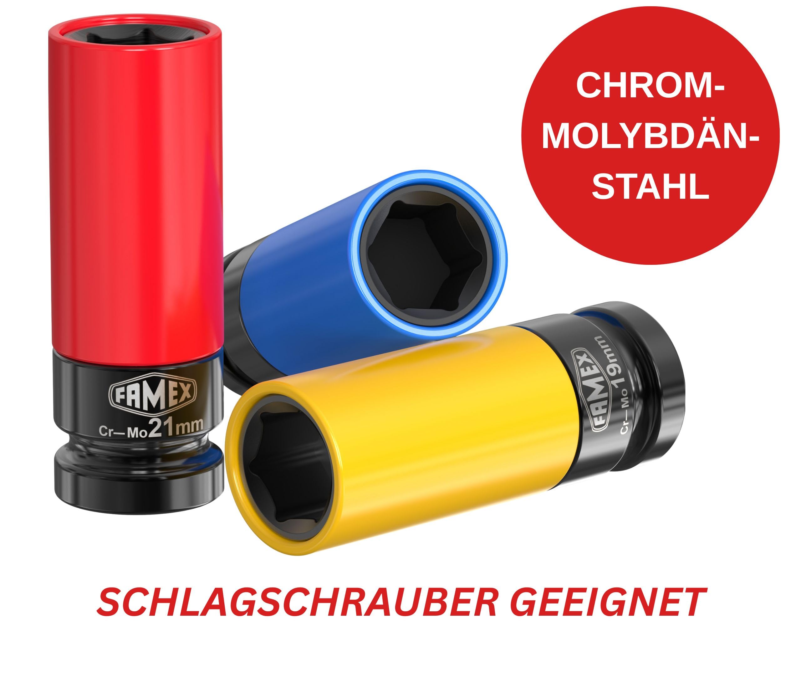 FAMEX 10886-3-RS1 klucz dynamometryczny 1/2" (12,5 mm) - 30-210 Nm - nakrętki do wkrętarki udarowej ze stali chromowo-molibdenowej, obrotowe, w zestawie przedłużacz, do samochodu, motocykla, vana