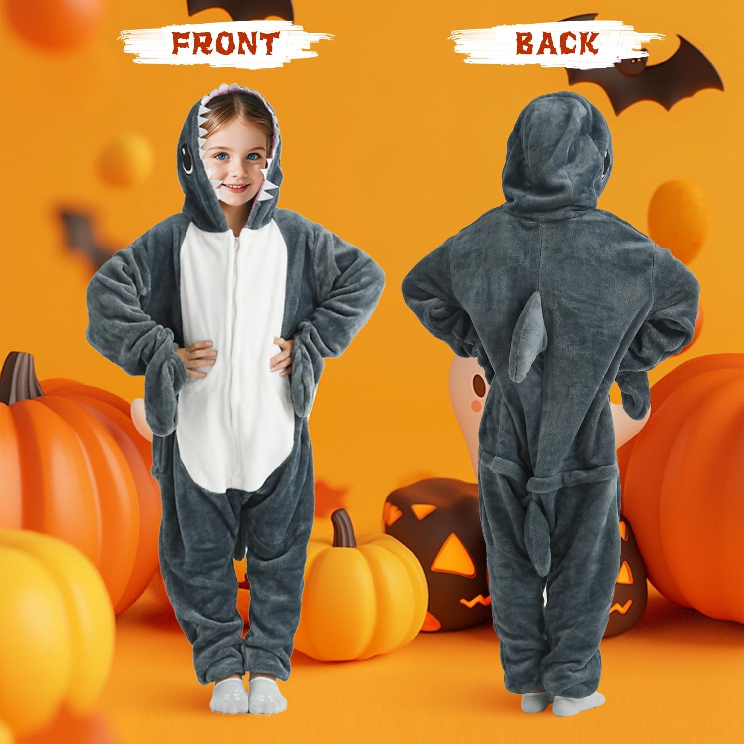 Halloween Shark Blanket Hoodie Onesie Pajamas for Kids Unisex, Soft Cozy Shark Zip-Up Pajama Costume - Image 3