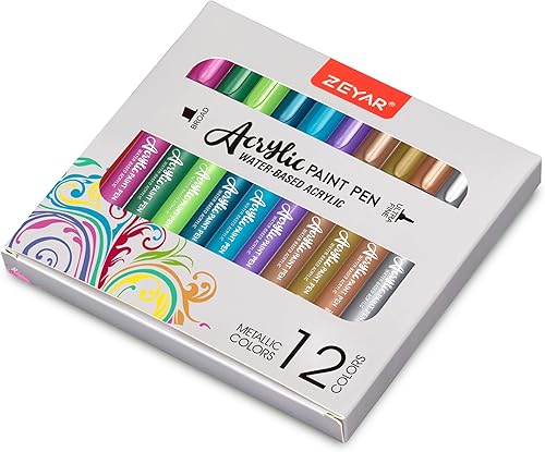 Miniatura 6 de ZEYAR Bolígrafo de pintura acrílica, aguja extrafina y punta de cincel, 12 colores metálicos, tinta impermeable, funciona en rocas, madera, vidrio,