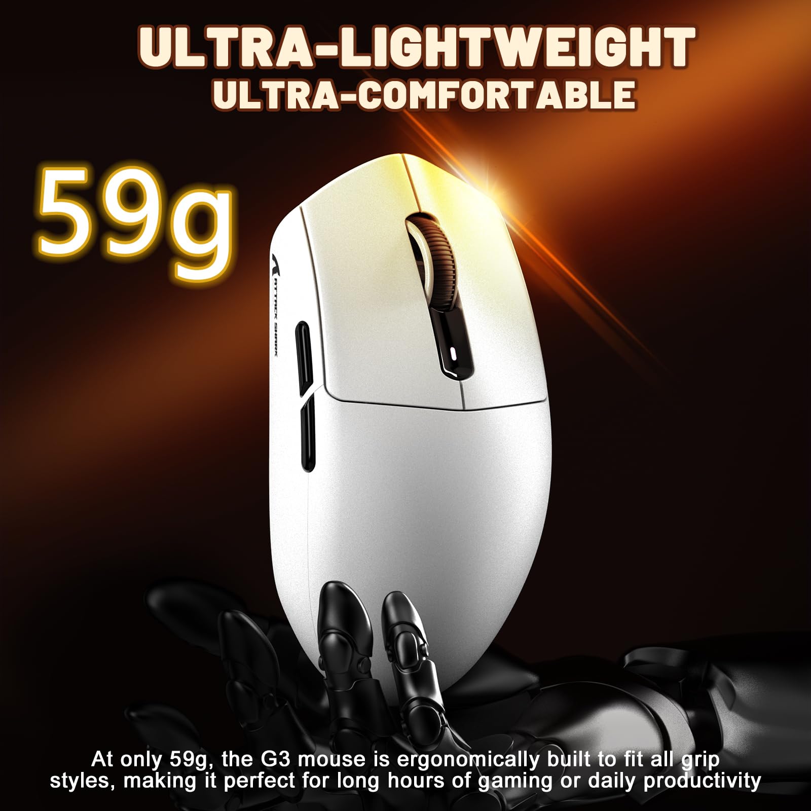 MAMBASNAKE x ATTACK SHARK G3 Mouse da Gioco Wireless, Leggero 59g, Sensore Ottico PAW3311, 25 000 DPI, Bluetooth/2.4G/USB-C, 5 Pulsanti Programmabili, Batteria da 500mAh per PC/Mac – Bianco