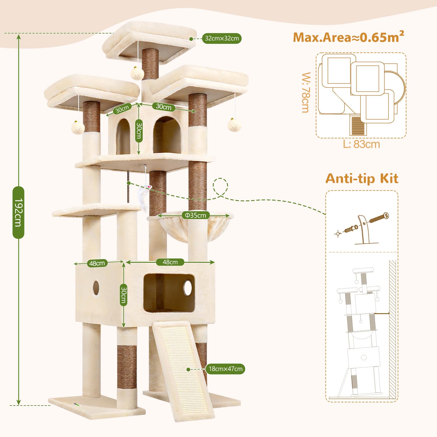 Globlazer Arbre à Chat Beige XXL pour Grand Chats 192cm avec Immense Niches 48*48*30CM, 3 Perchoirs Rembourré, Doux Panier, Planche Sisal, Arbres a Chat Stable pour 3-4 Chats Adulte Repos (F75, Beige)