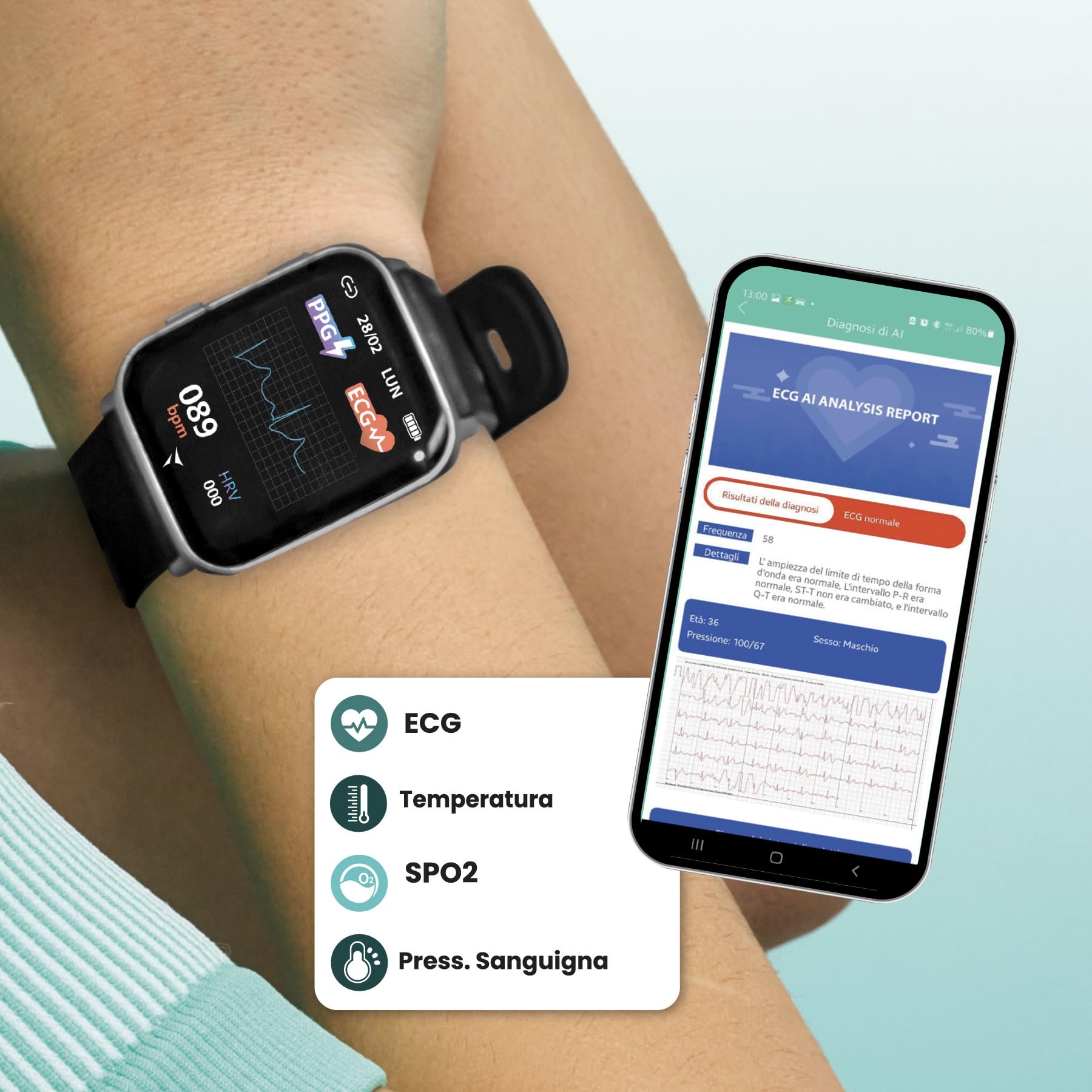 TECHMADE Smartwatch Tech Feel, ECG ad un tracciato, Frequenza Cardiaca, Ossigenzione, Sport, Sleep Monitor, Notifica Chiamata, Compatibile con IOS e Android (Silver Case - Black Strap)