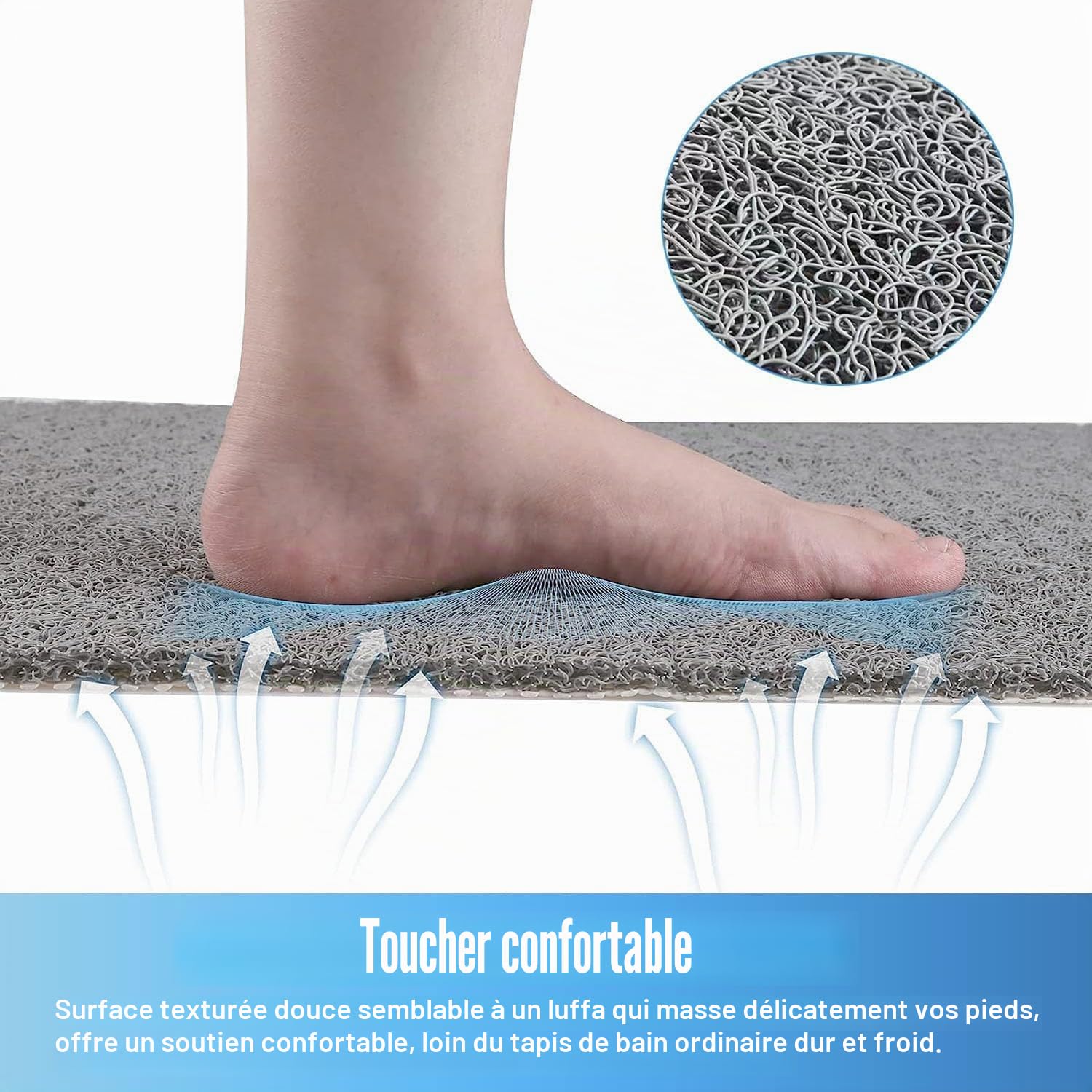 Tapis de douche rond, 60 cm, antidérapant, anti-moisissure, anti-bactérien, en Luffa, tapis de bain, en PVC, doux, pour salle de bain, pour salle de bain et zones humides (gris)