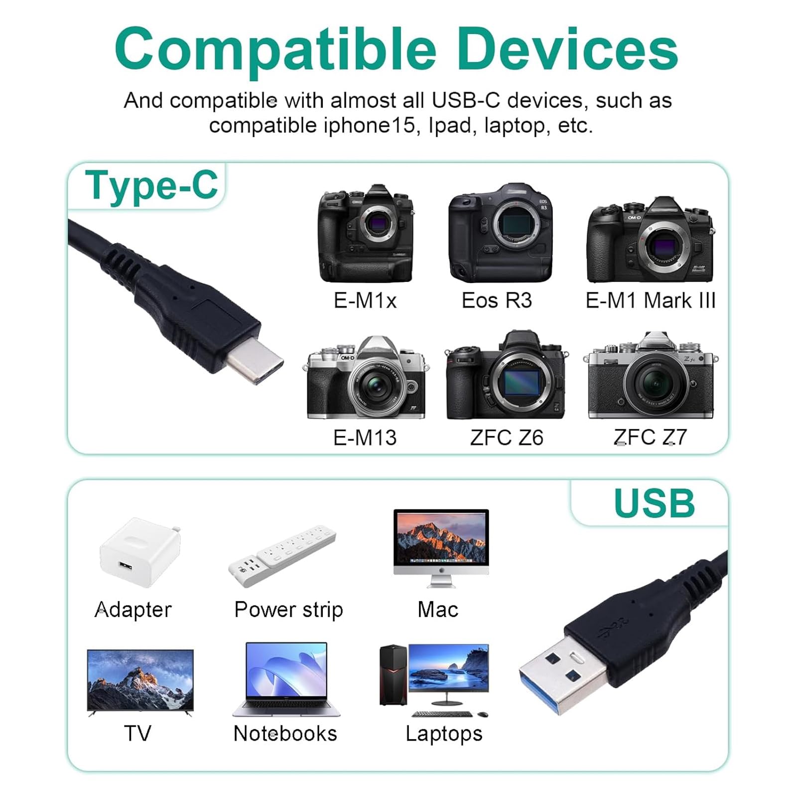 USB-C To USB-C Camera Tether Cable – For Fast Data Transfer And Live Preview For Canon R5/R8/R6 Sony A9 III/A1 II/A1/A9 II Nikon ZF/Z8/Z9 Etc (5ft
