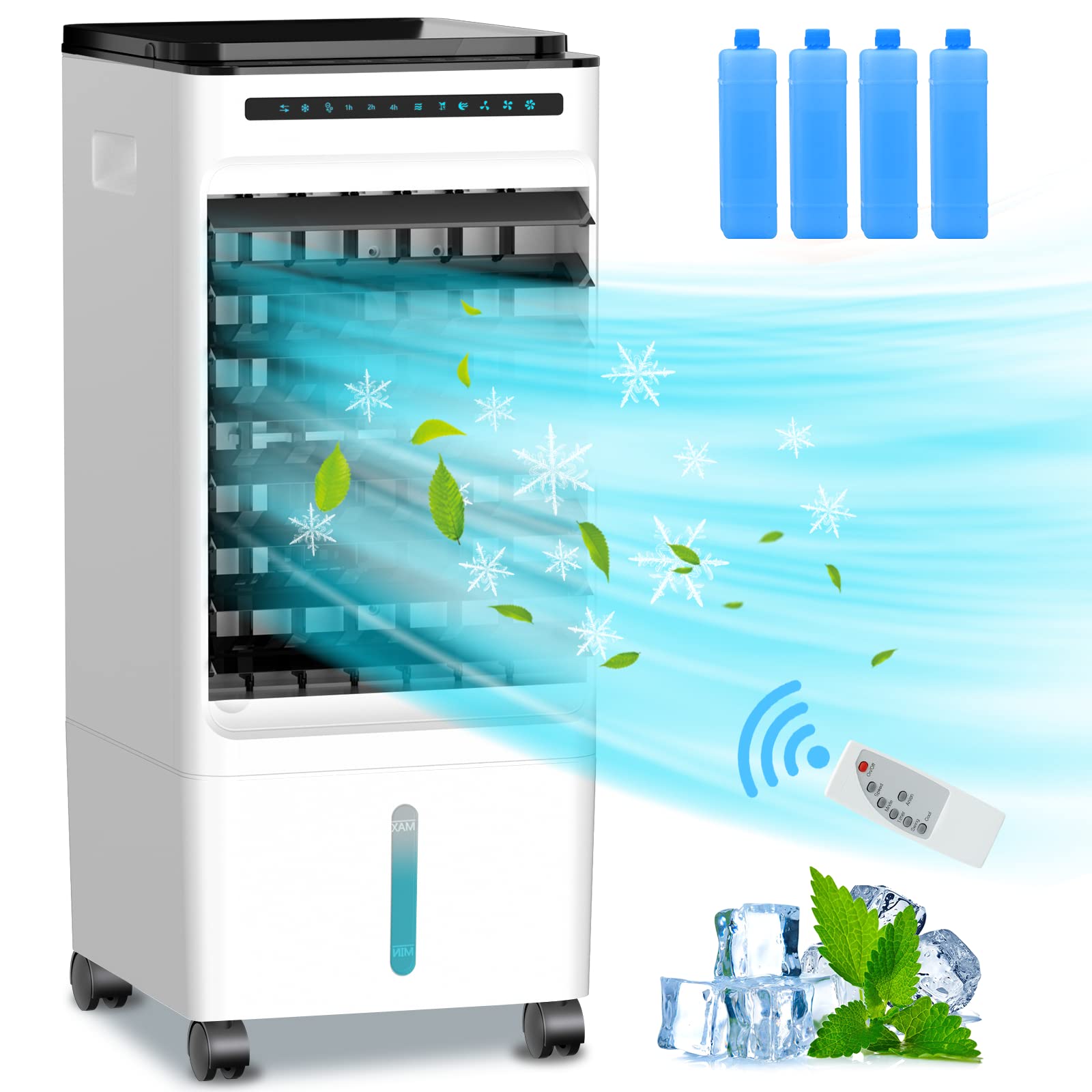 5L Mobile Air Conditioner, 4-in-1 Portable Air Conditioner, Fan, Humidifier, Ionizer, 3 Modes & 3 Speeds, 1-7H Timer, Remote Control, with Wheels and 4 Ice Boxes