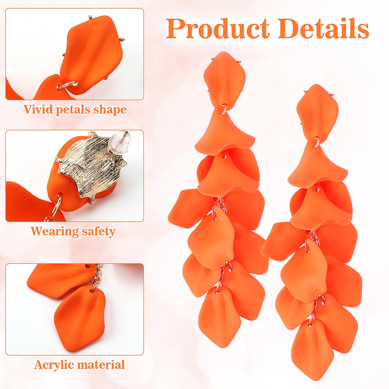 Orecchini Pendenti con Petali in Acrilico Orecchini di Rose a Goccia Lunga di Fiori Esagerati Ciondolo Personalizzato Arancione Orecchini con Nappe Floreali Donna e Ragazze Accessori Anni 80
