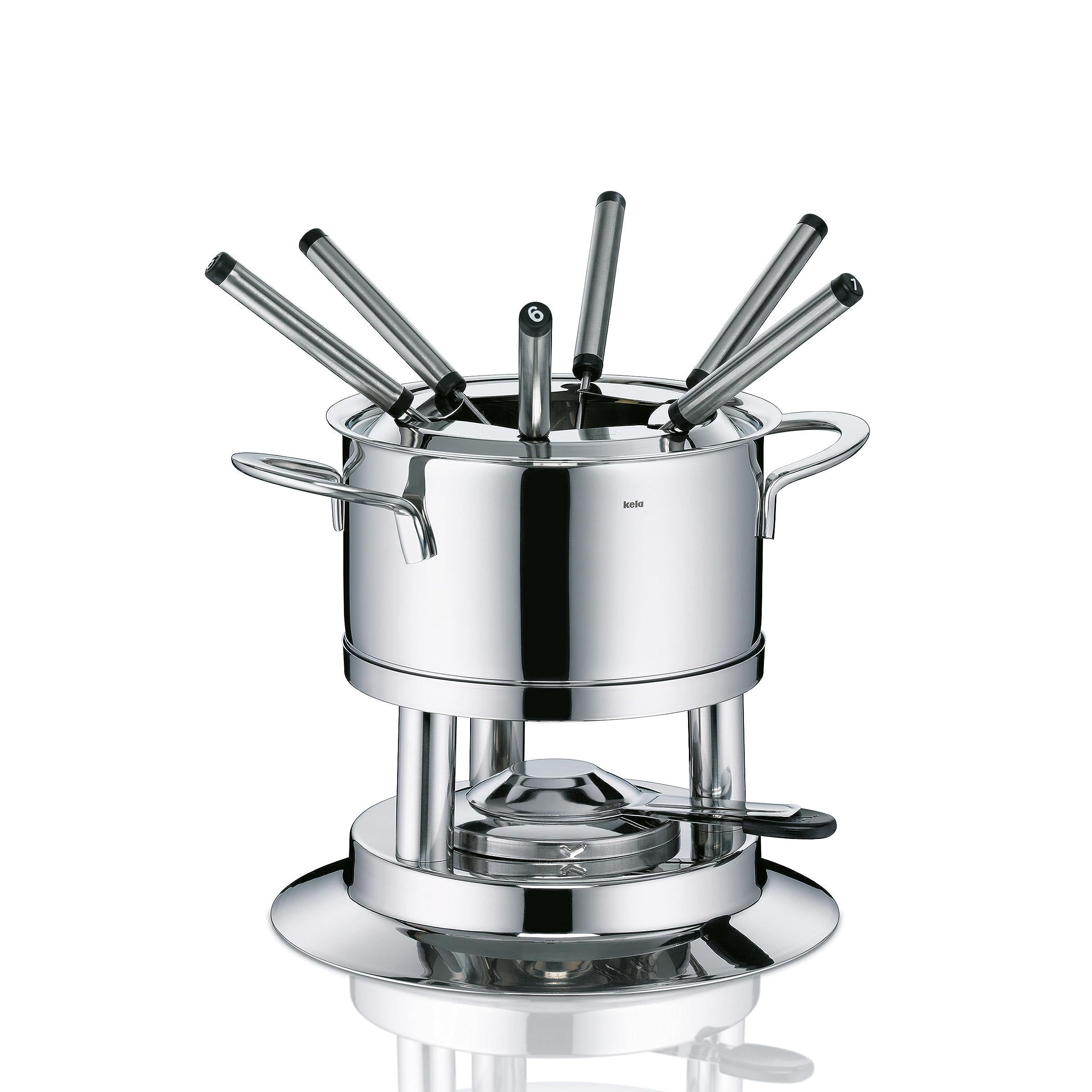 kela Fondue-Set Cailin, 10-teilig, Durchmesser 22 cm, 1,2 L, Edelstahl 18/10, silber glänzend, Allherdboden, Topf, Sicherheitspastenbrenner, Rechaud, Spritzschutz, 6x Fonduegabeln, 10968
