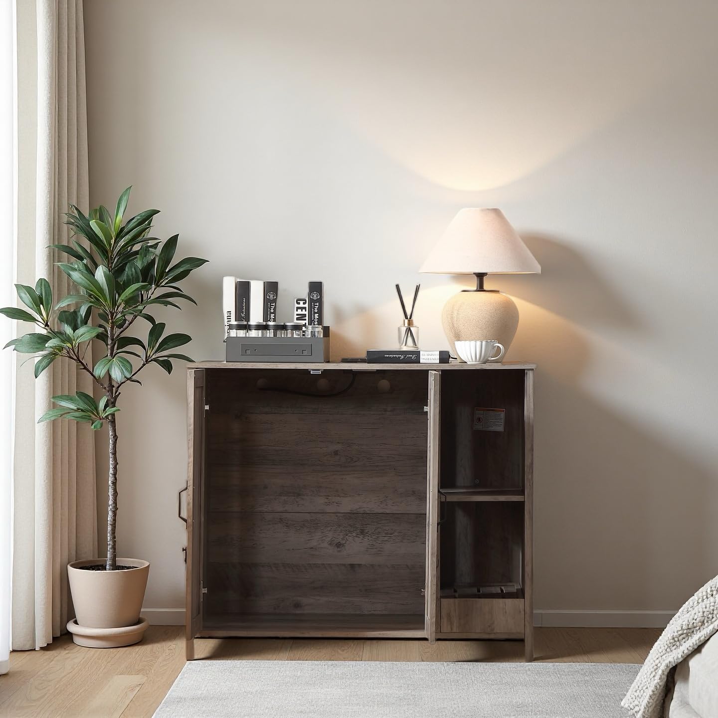 Litter Enclosure with Litter Collector, Litter Cabinet with Dog-Proof Adjustable Shelf, for Placing Cat Robot 3/4, Power Outlet (Grey)