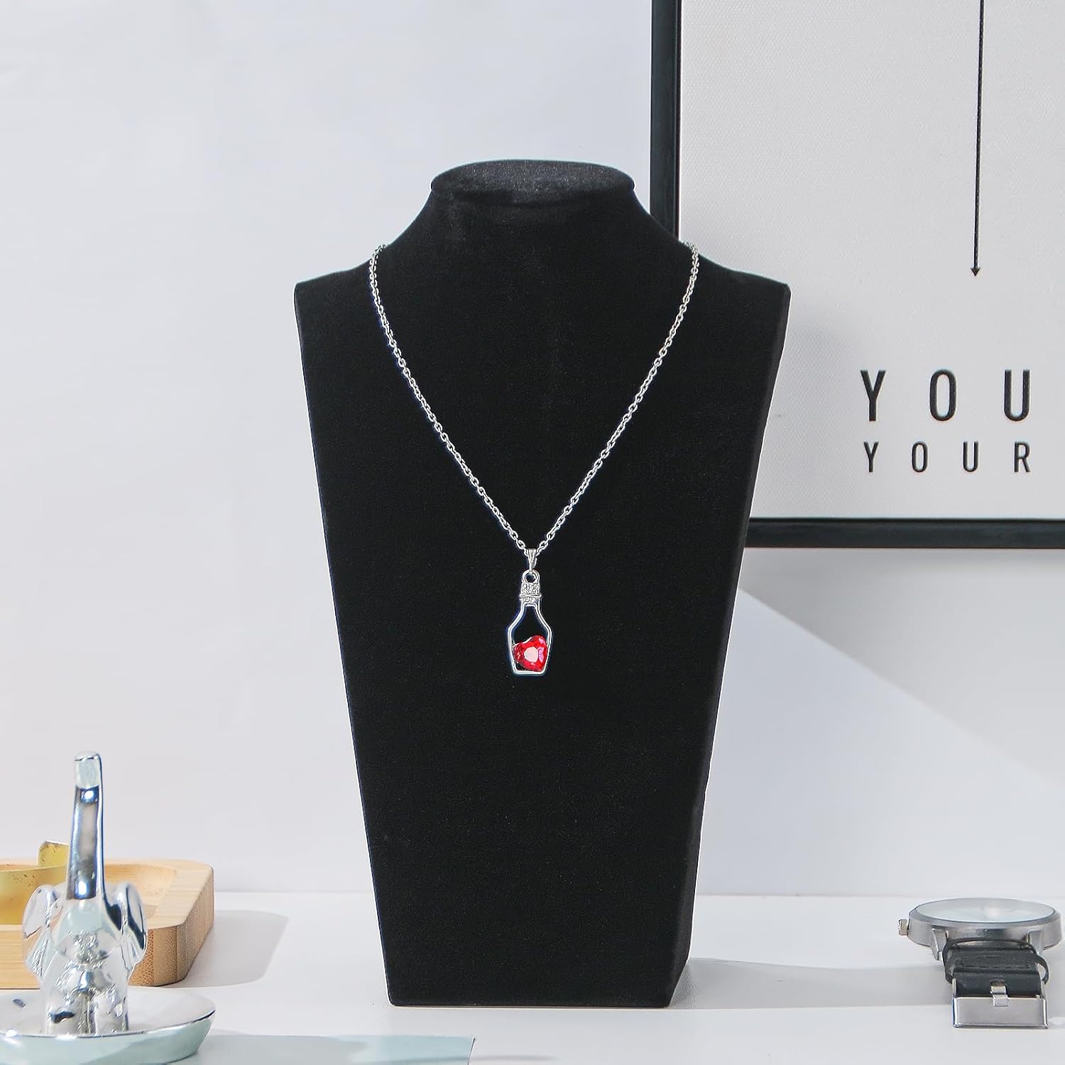 Necklace Bust Display Stand, Black Velvet Necklace Display Holder, Jewelry Necklace Organizer Rack for Home Use or Shop Show (9" Height) - Image 4
