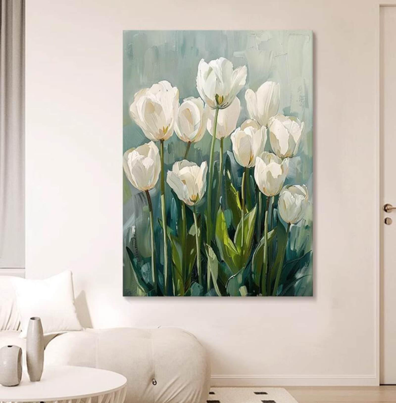 Peinture à l'huile de grande taille sur toile tulipe abstraite crème