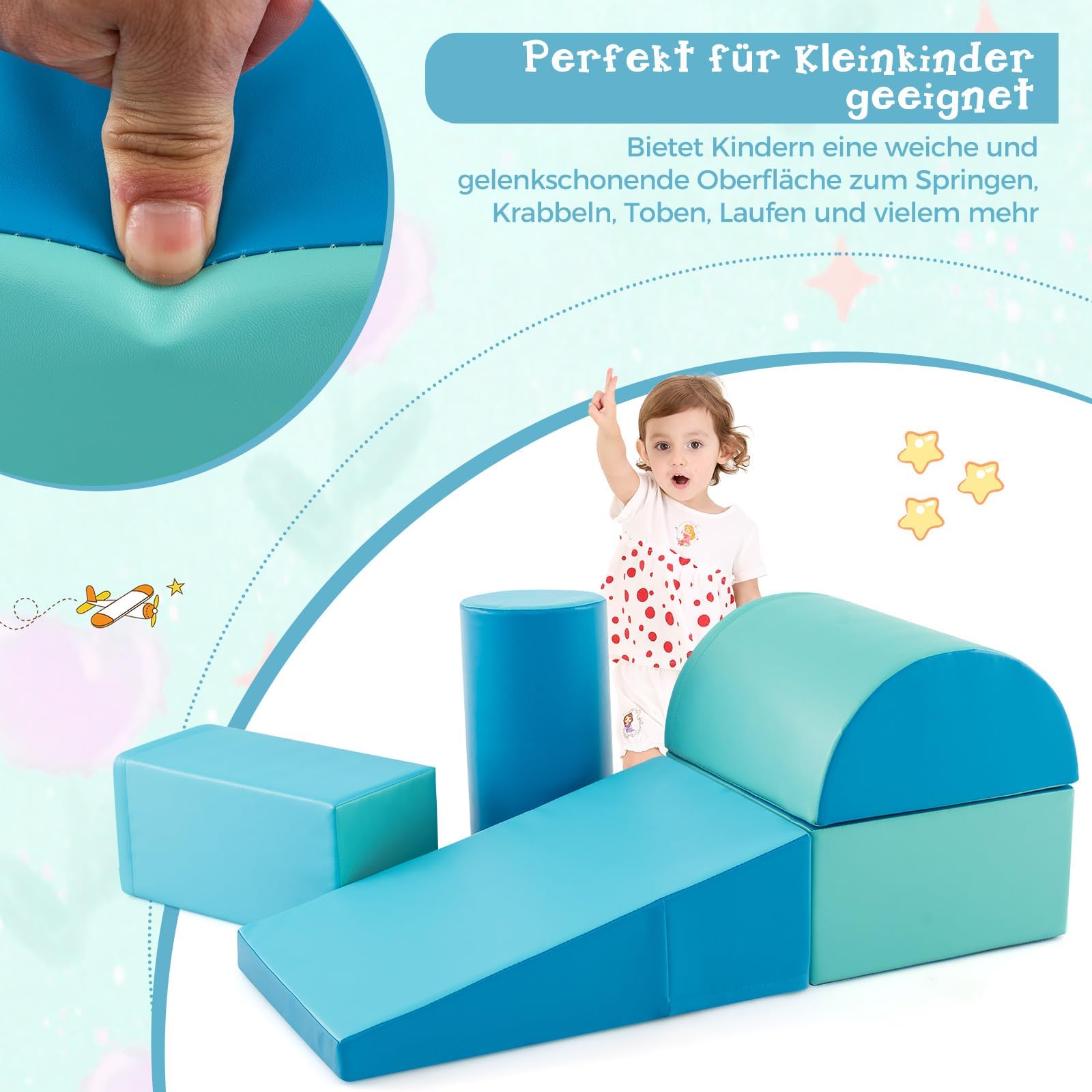 FANTASK Schaumspielset zum Toben und Klettern, 5 TLG. Bauklötze, Spielzeugset für Babys und Kleinkinder, Blau