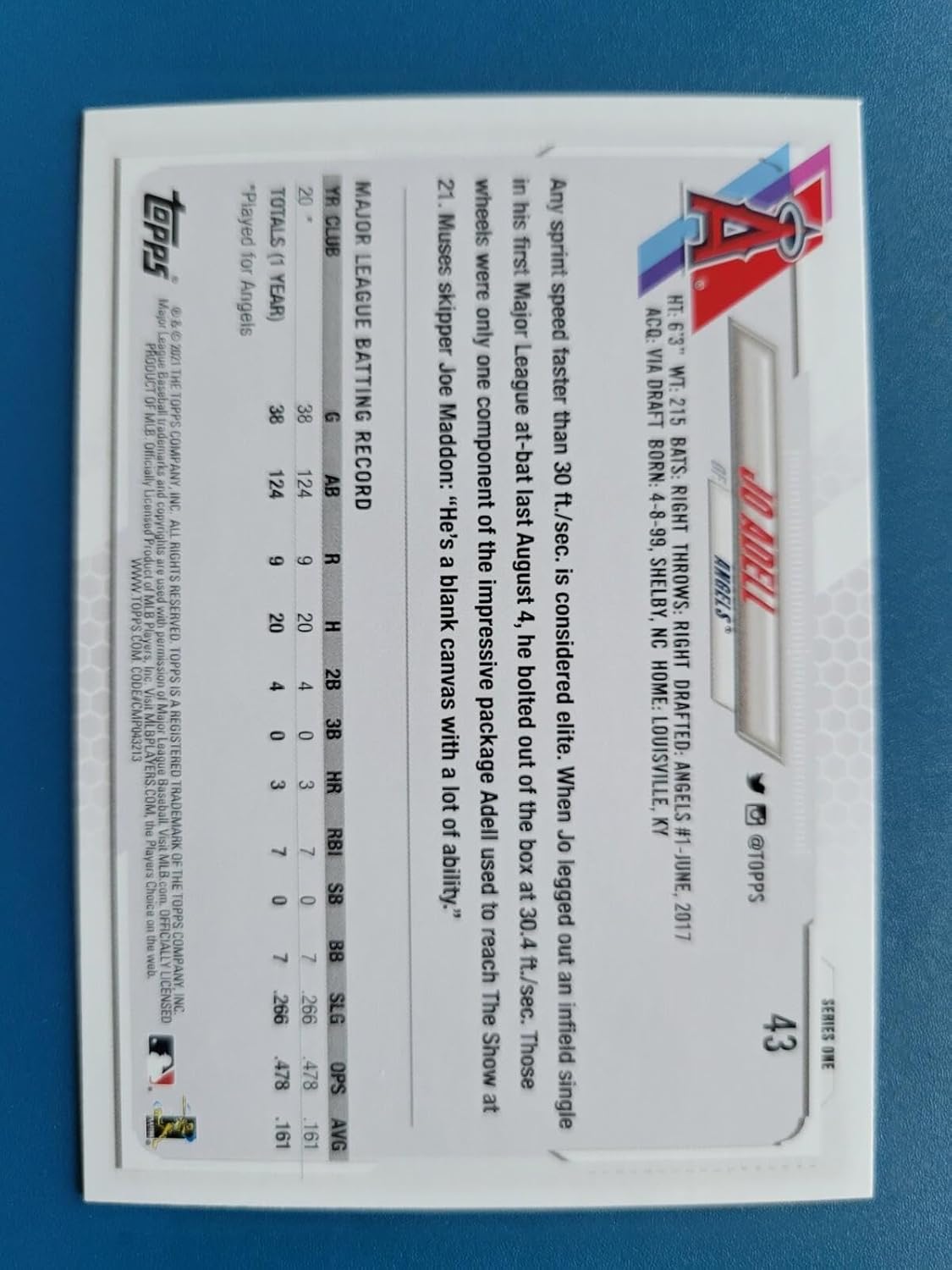 Jo Adell 2021 TOPPS SERIES ONE ROOKIE RC #43 LOS ANGELES ANGELS! - Baseball Slabbed Rookie Cards