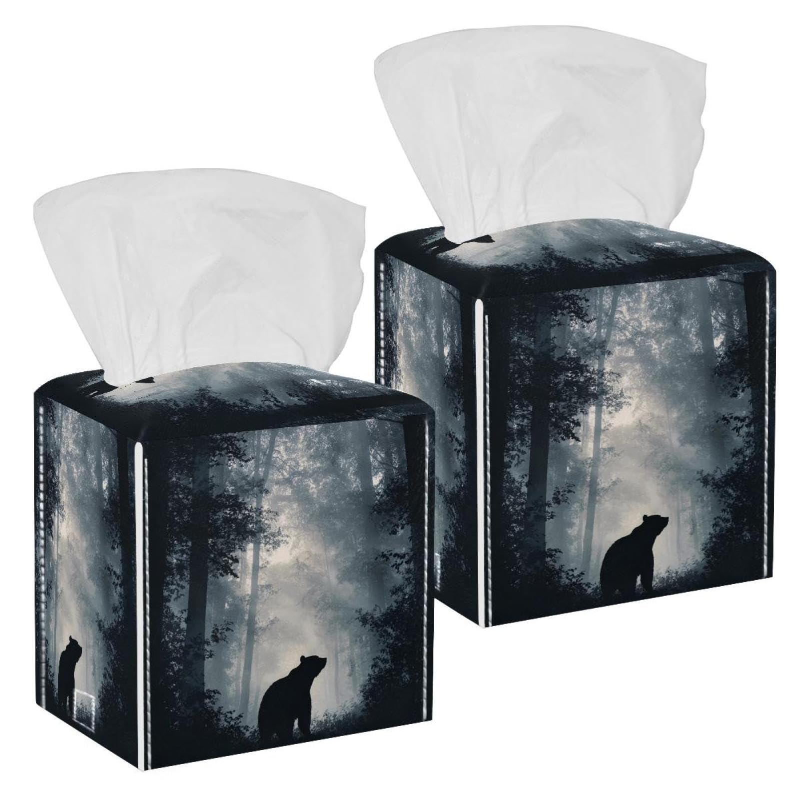 Bear in the Forest Tissue Box Cover, 2 Pack PU Leather Square Facial Tissue Dispenser Box holder for Home Office Car