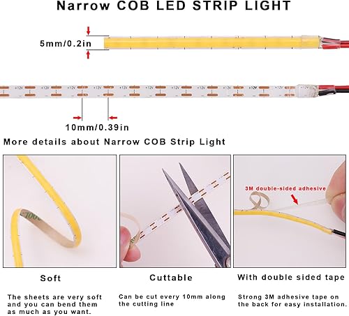 Miniatura 5 de TOPAI Tira de luz LED COB delgada de 12 V, 0.197 in, 3000 K, blanco cálido, 16.4 pies, brillante, 4000 lm, CRI90, uniforme sin puntos, 400 LEDsM,