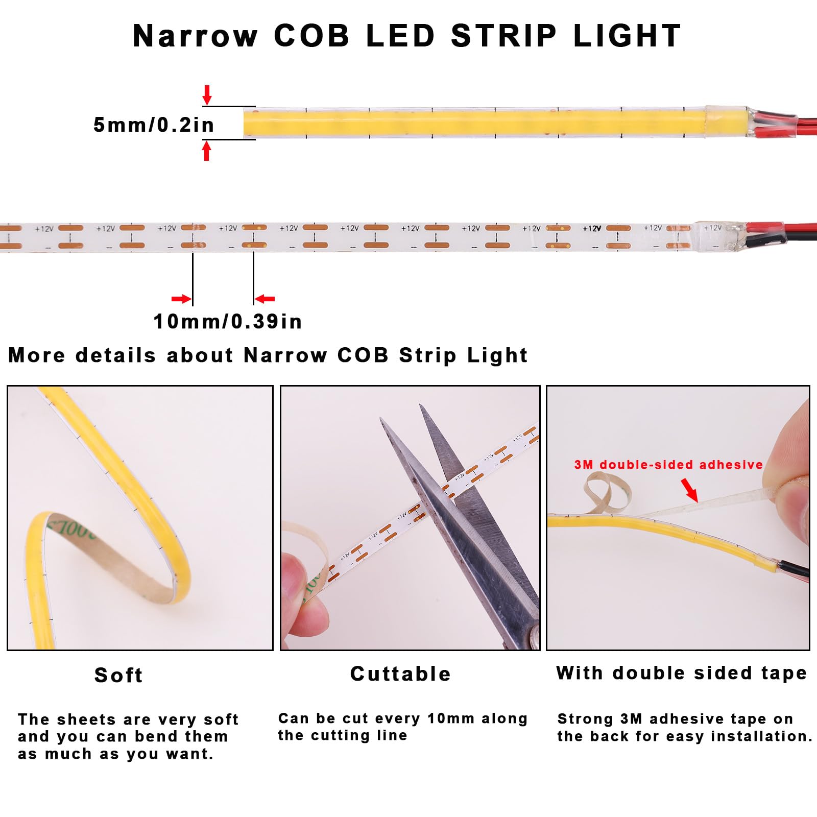 TOPAI Tira LED COB Blanco Cálido 3000K Impermeable, Estrecho 5mm Ancho, Tira Luz LED 12V 5M Exterior, 400LED/M CRI>93 Adhesivas Flexible Cortable para cocina dormitorio iluminación