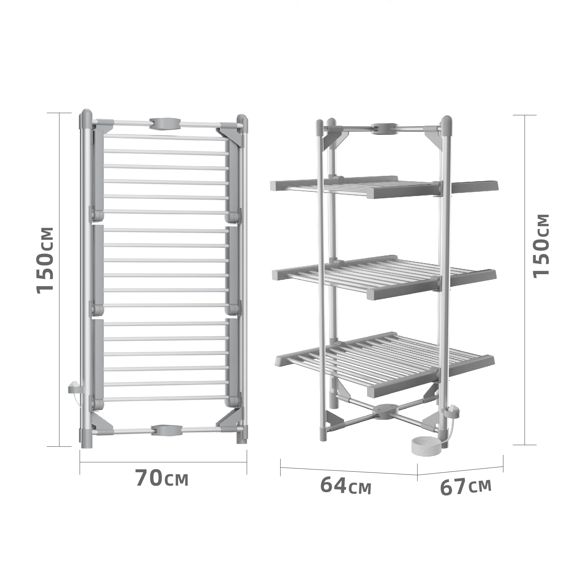 Vivo Technologies Stendibiancheria riscaldato a 3 livelli, stendibiancheria a 36 binari, stendino riscaldato da 150 cm, ripiani riscaldati pieghevoli per interni, lavanderia a secco, 220 W efficiente