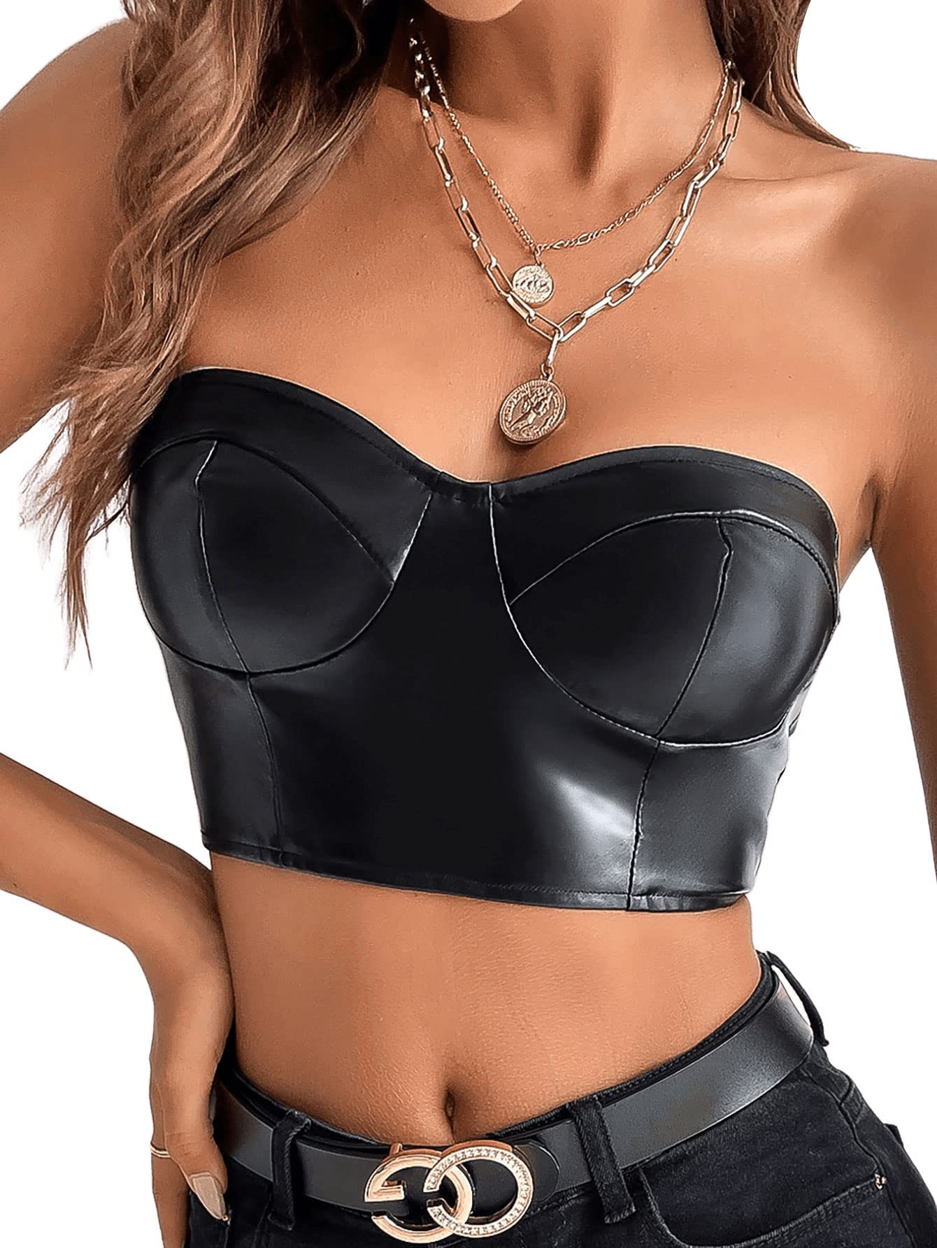 Women's PU Leather Bustier Sleeveless Stretchy Solid Strapless Crop Tube Top-image-32