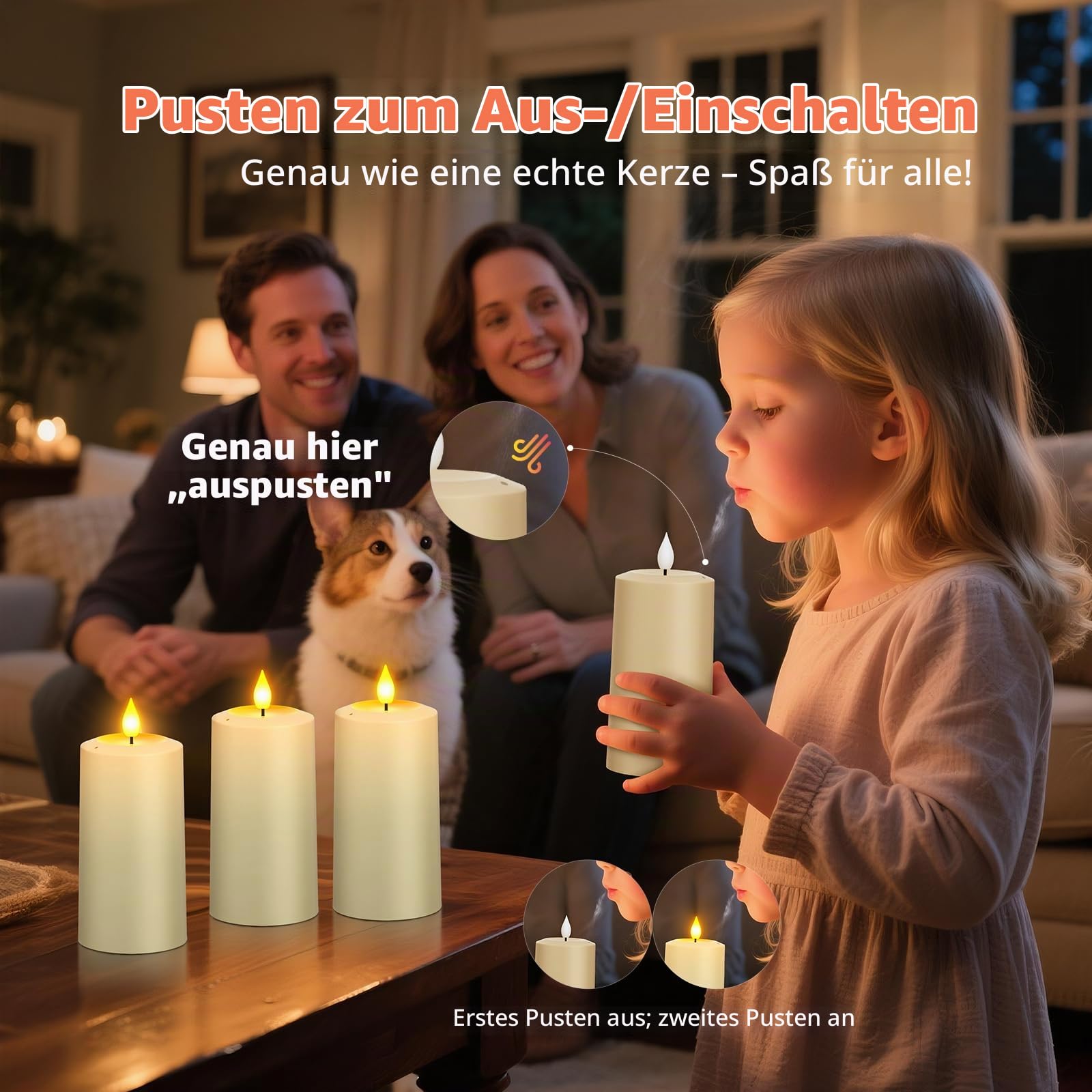 PChero 4er Set LED Kerzen Aufladbar mit Fernbedienung & Ausblasfunktion | Elektrische Wiederaufladbare Kerzen mit Timerfunktion, 90–200 Std. Laufzeit, LED Stumpenkerzen, Halloween Weihnachten Deko