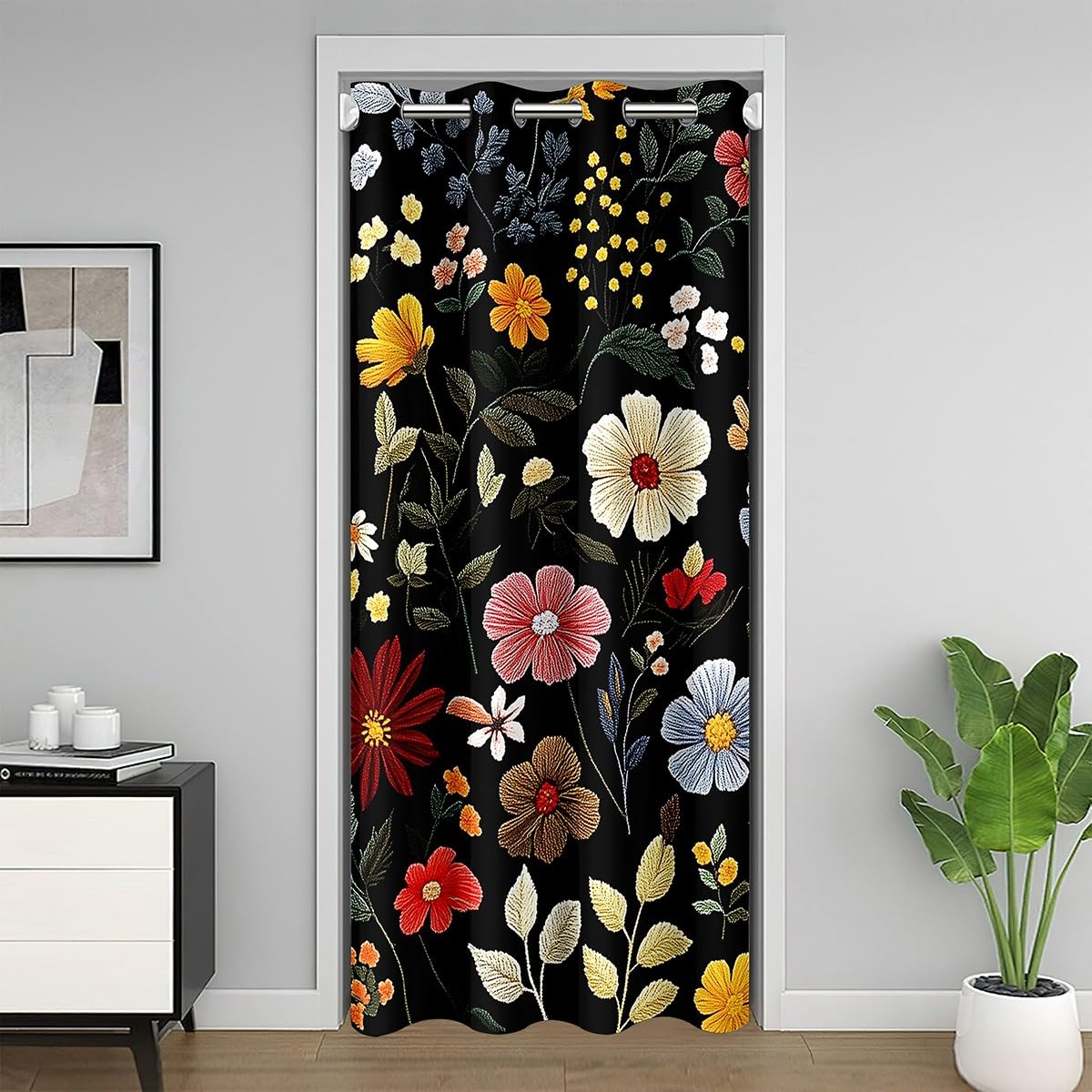 Loussiesd Embroidery Floral Door Curtain for Doorway Privacy 86x203cm 1 Panel Flower 30%-50% Darkening Blackout Curtain Bedroom Decor Botancial Plants Doors with Windows Women Men Natural Theme โ image 1