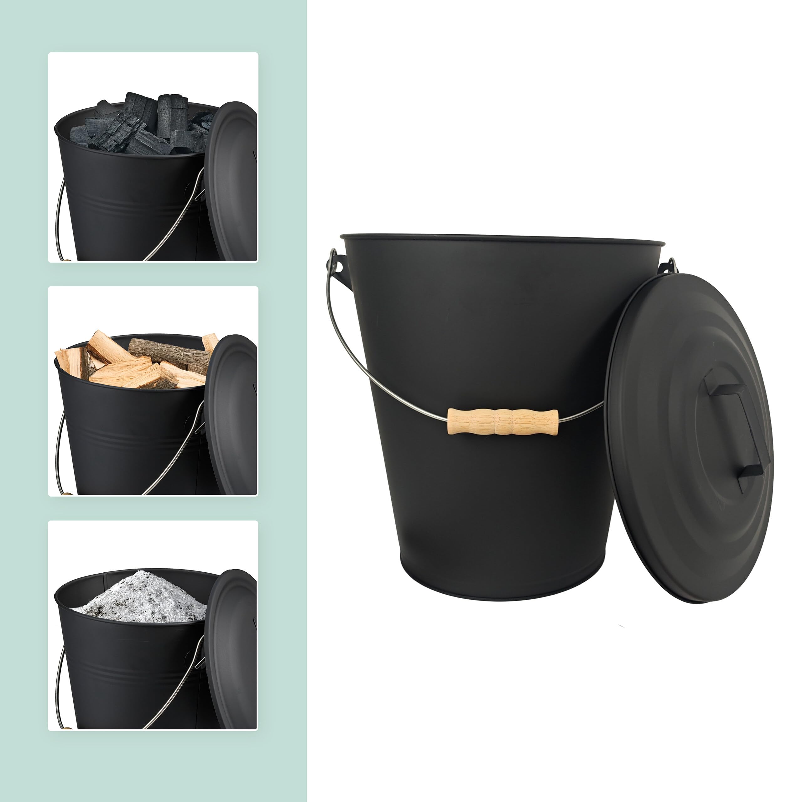 Relaxdays Secchio per Cenere con Coperchio, 24 L, Scopa e Paletta per Camino, Contenitore con Manico, Nero/Naturale