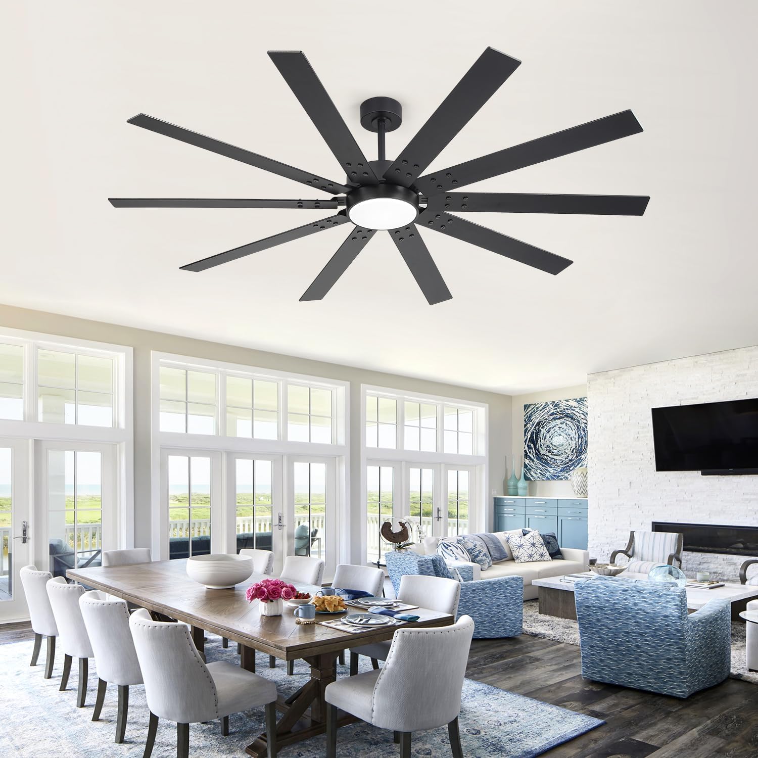 72 Inch Ceiling Fans with Lights, 10-Blade Industrial Ceiling Fan with Remote, 6-Speed Reversible DC Motor, 3CCT LED Lighting, Indoor/Outdoor Fan for Living Room, Patio, Farmhouse