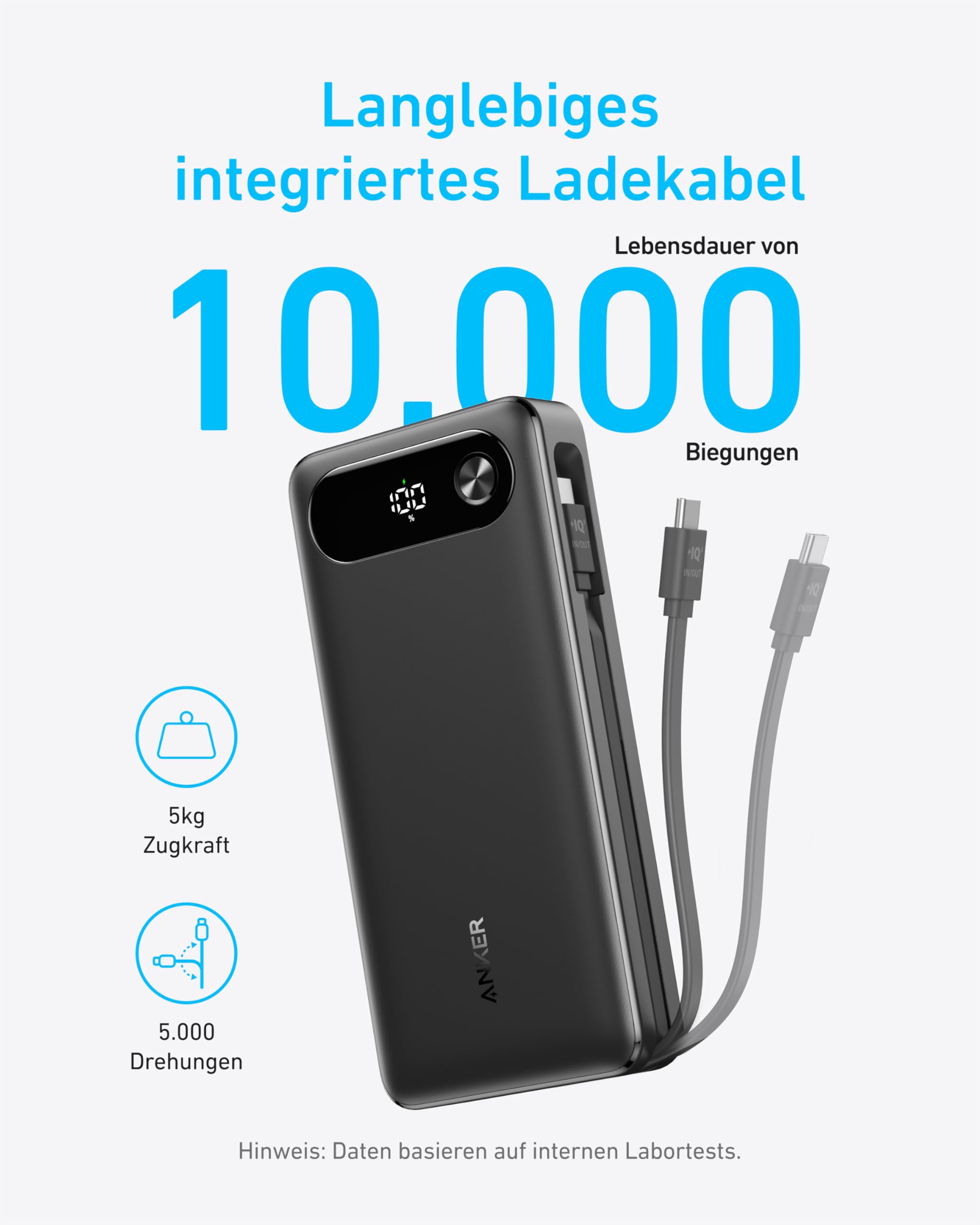 Anker Powerbank, 20.000mAh tragbares Ladegerät mit integriertem USB-C-Kabel, 87W Max Schnelllade-Akku, 1 USB-C und 1 USB-A, für MacBook, iPhone 17/16/15/14 Serie, Samsung, Switch, und mehr
