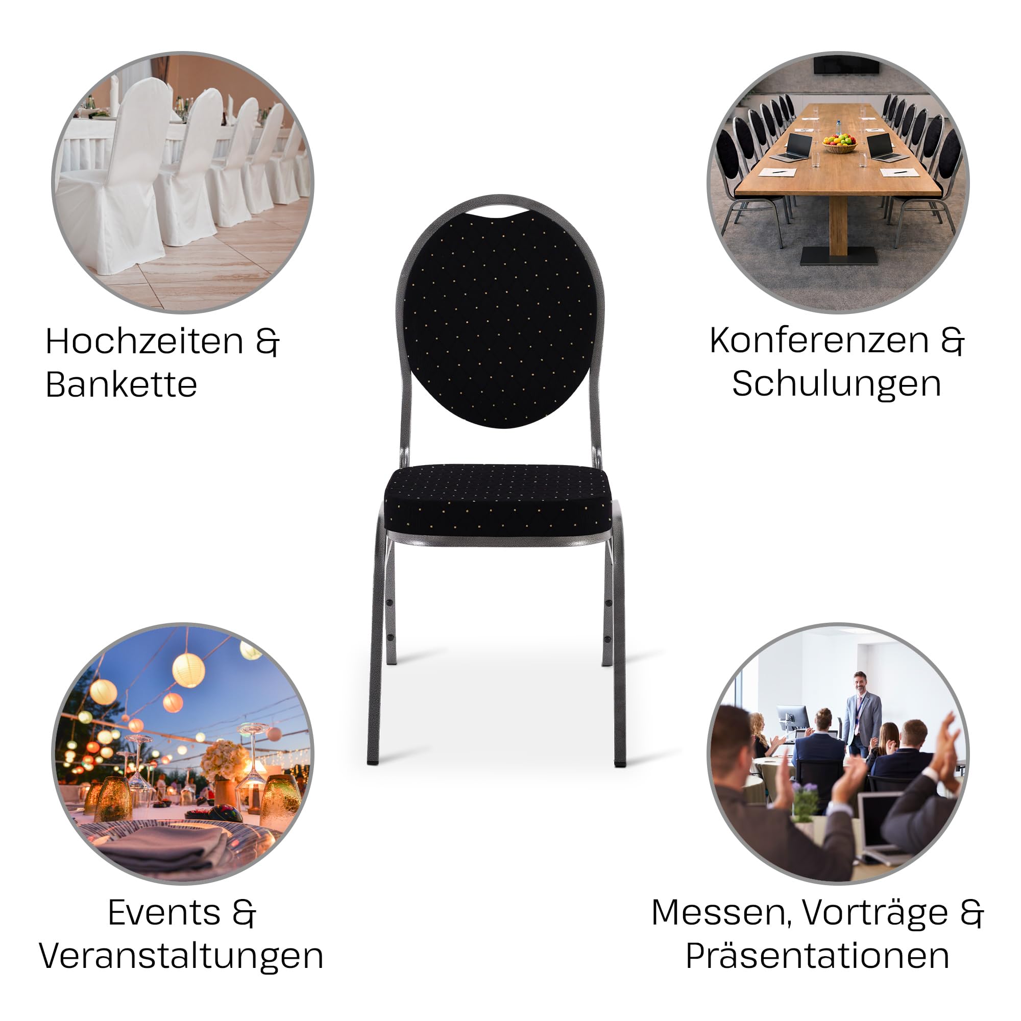 MACOShopde by MACO Möbel Raburg Stapelstuhl 6er-Set – Bankettstuhl gepolstert & stapelbar, bis 150 kg belastbar, robuster Stahlrahmen – Gastronomie, Hotel, Konferenz & Events | Vienna Silber/Schwarz