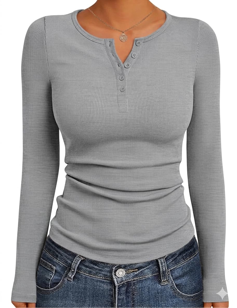GLEENOD Langarmshirt Damen Elegant Basic Gerippte Oberteil Y2K Modernes T-Shirt Langarm Henley Shirt mit Knopfleiste
