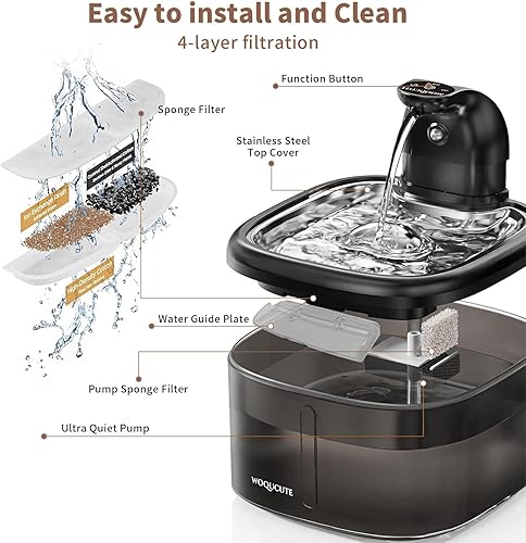 Miniatura 5 de Fuente de agua inalámbrica para gatos de acero inoxidable de 118 oz3.5 L inalámbrica y ultra silenciosa (25 dB) con modo sensortemporizador, fuente