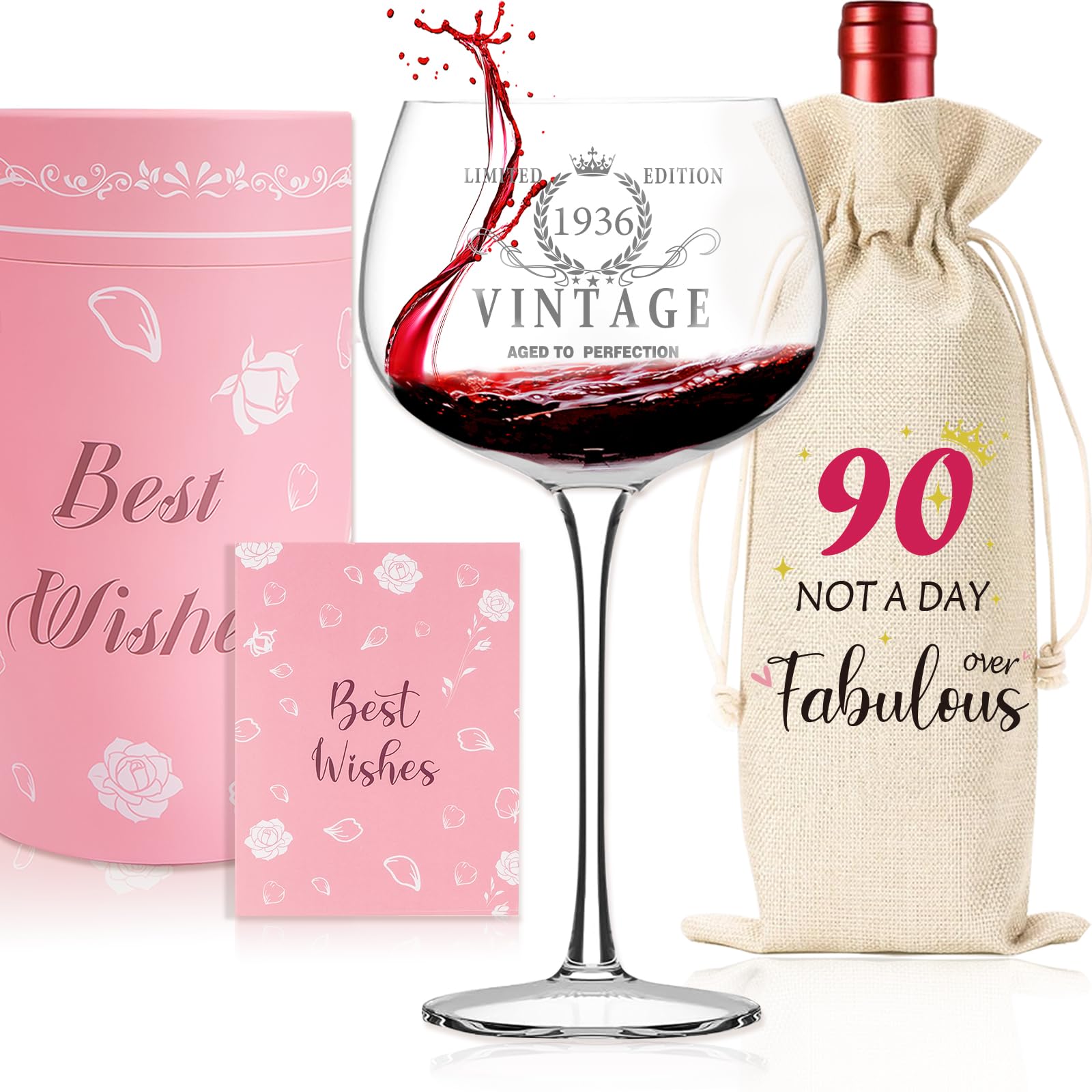 90th Birthday Gifts for Women, Vintage 1936 90th Wine Glass, 90 Year Old Birthday Decorations for Women, Decorative Wine Bag Gift with Witty Quote, Personalised Gifts Wine Glass Mum Auntie Sister Gift