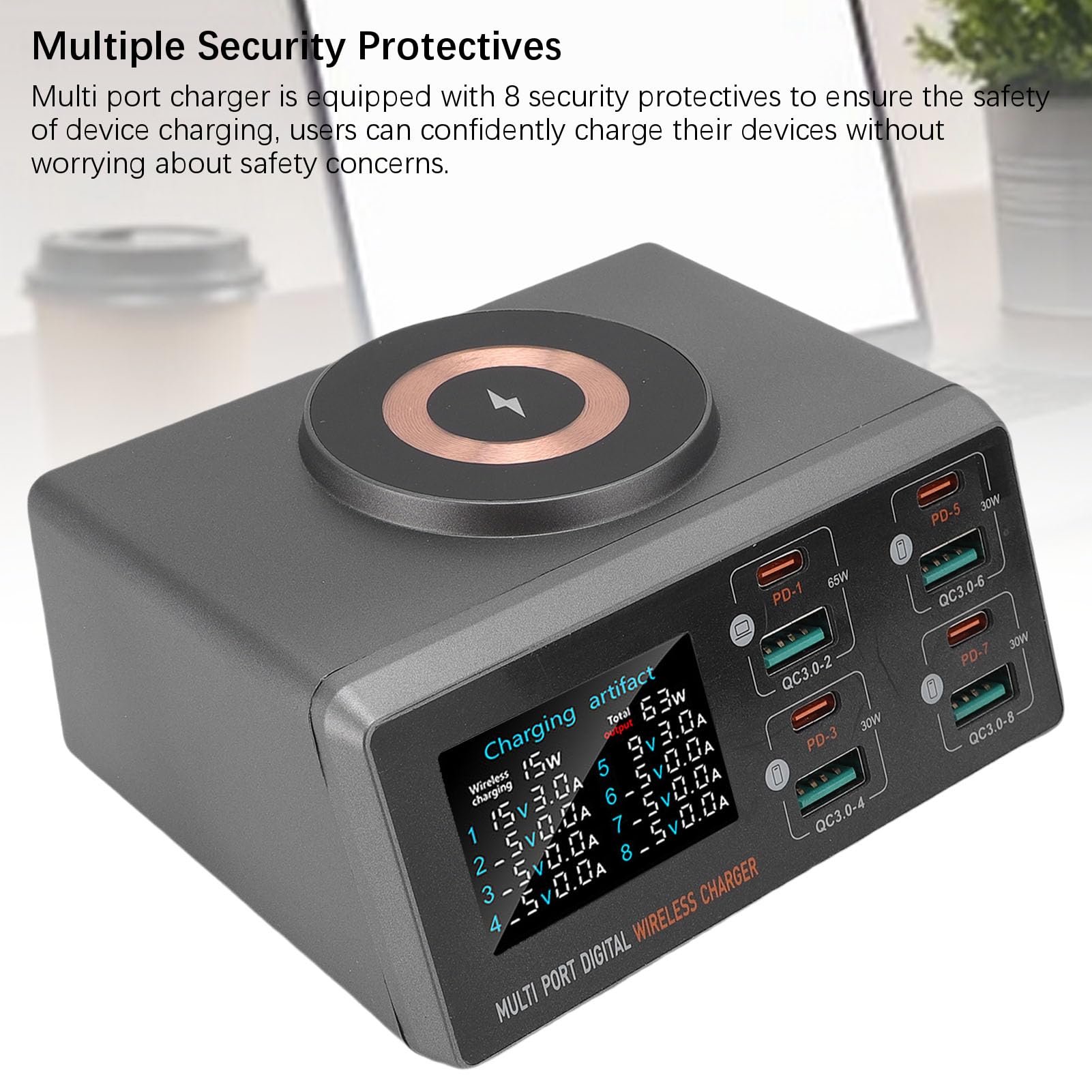 Luqeeg Ładowarka Stacjonarna 140 W, Ekran LCD PD Multi Port Ładowanie, Obsługuje Szybkie ładowanie dla 9 urządzeń W Tym Samym Czasie, 15 W Magnetyczne Bezprzewodowe Adapter ładowania ładowania